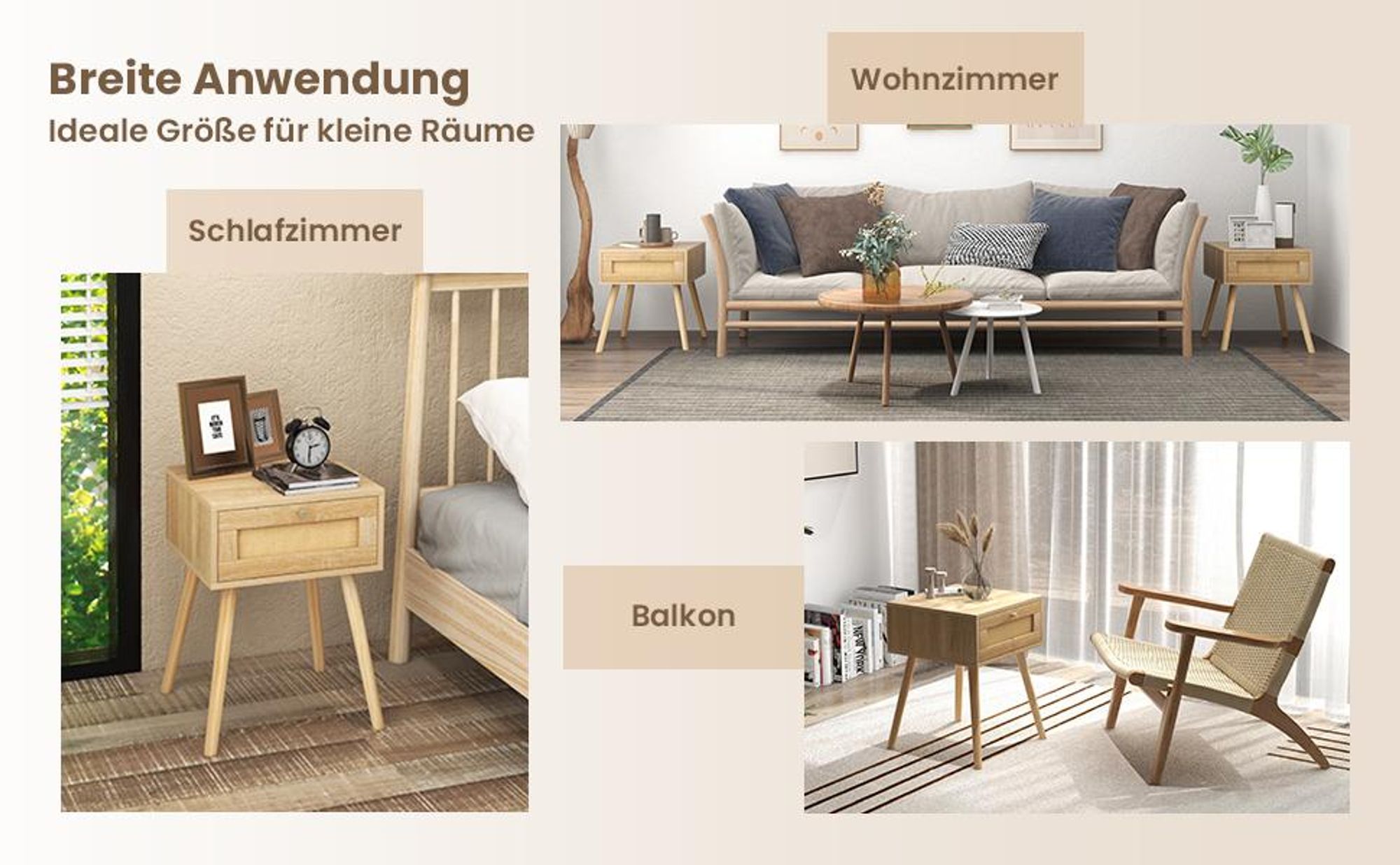 COSTWAY Nachttisch mit Schublade, Beistelltisch mit Rattan-Design, Nachtkommode, Nachtkonsole, Sofatisch für Schlafzimmer, Wohnzimmer, Eiche, 40 x 40 x 55 cm