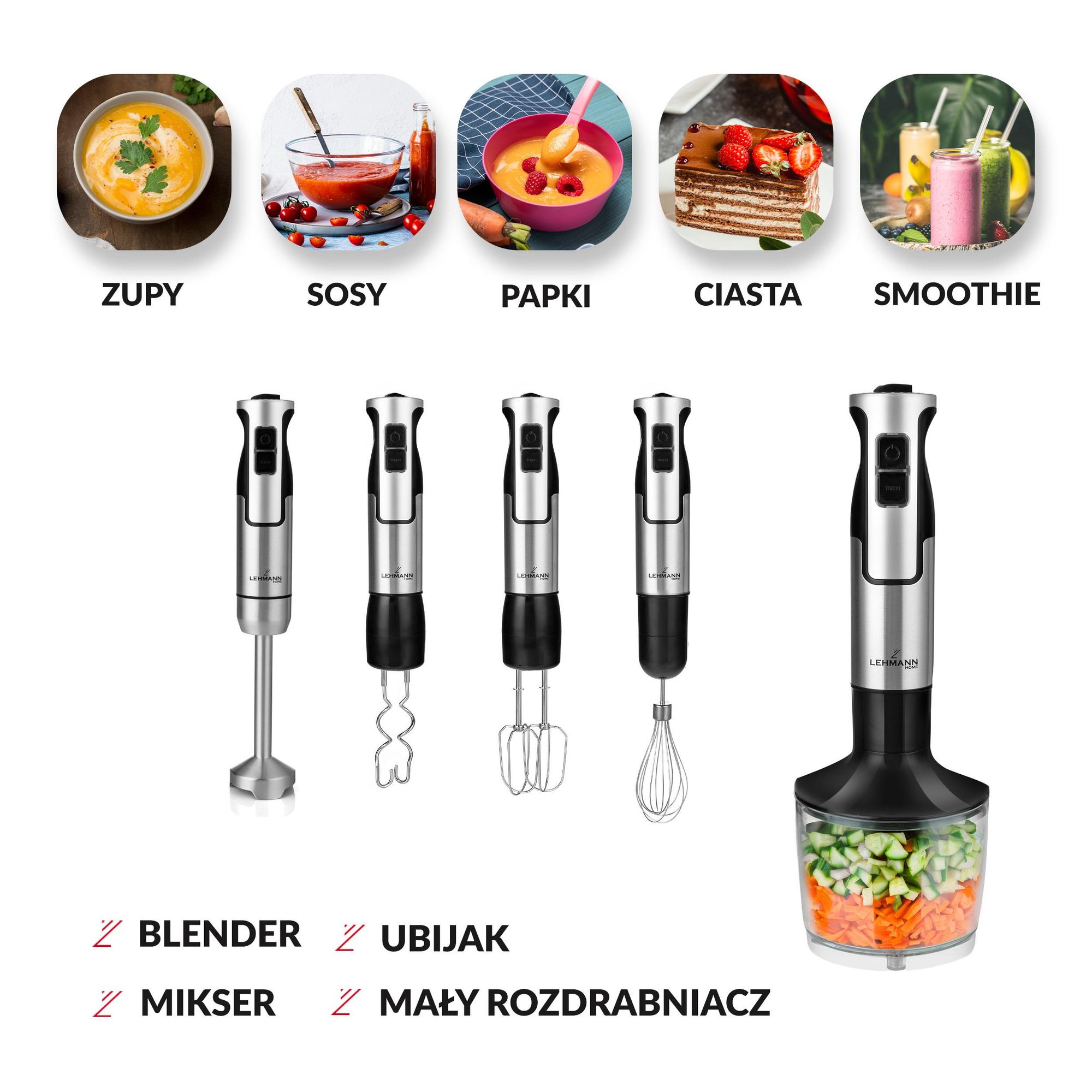 Blender ręczny LEHMANN CHOWMEI Mikser ręczny ze stali nierdzewnej ,Trzepaczka do mieszania, hak do mieszania ZESTAW 6w1 wielofunkcyjny, złote ostrze