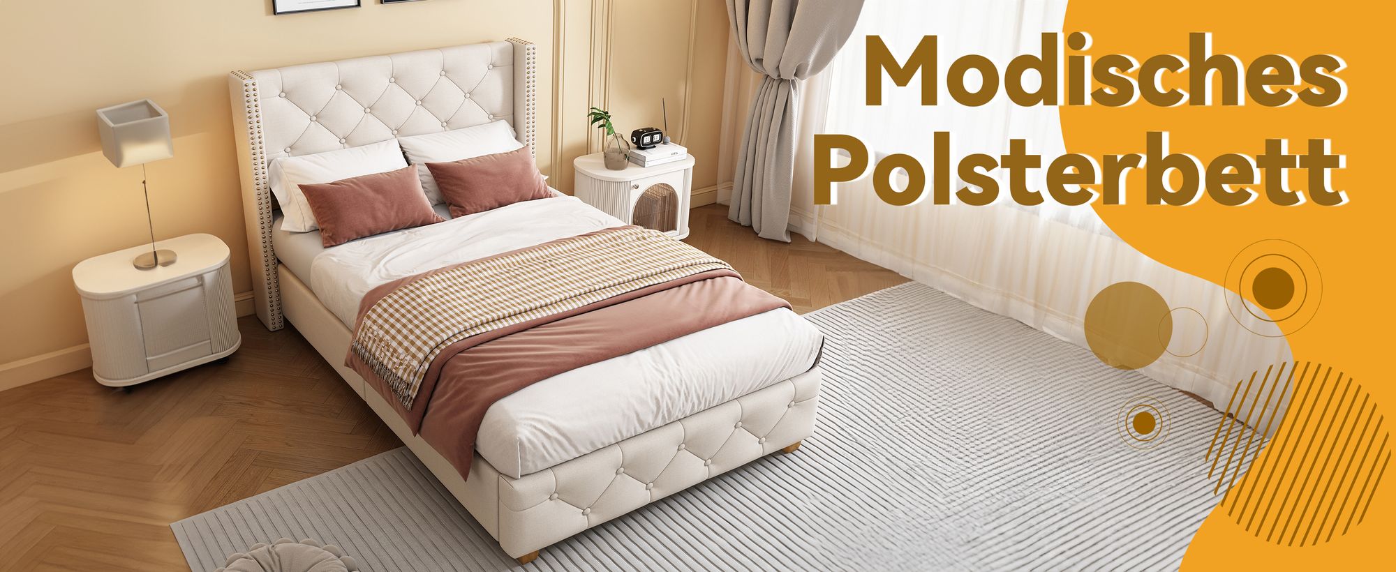MODFU Polsterbett 90×200cm mit Lattenrost und Kopfteil, Einzelbett Jugendbett mit Holzbeine, Samt, Beige(Ohne Matratze)