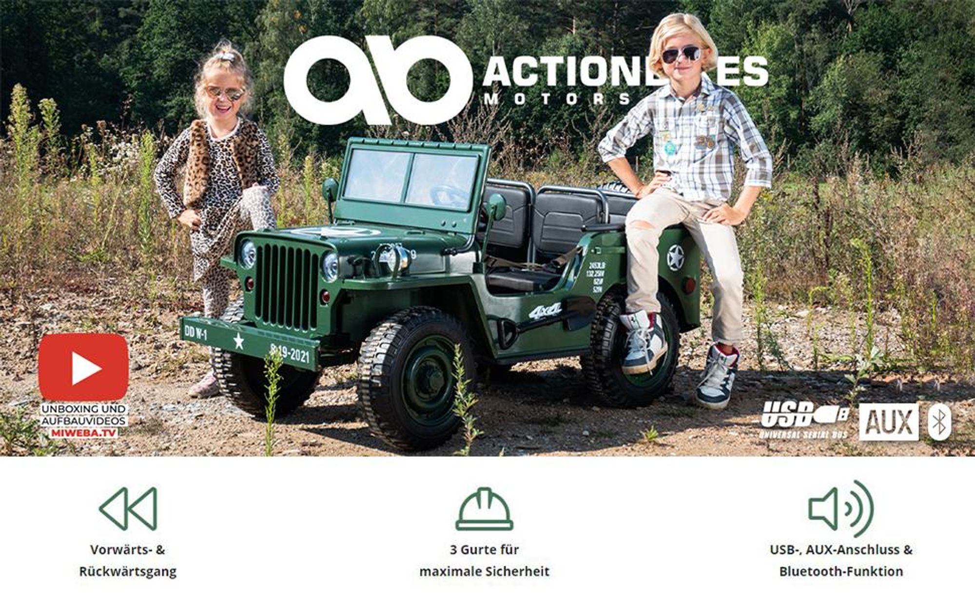 Actionbikes Motors Kinder Elektro Auto Jeep Willys | 3 Gurte - Allrad Antrieb - Dreisitzer - Fernbedienung - Federung - LED - Hupe - Geländefahrzeug