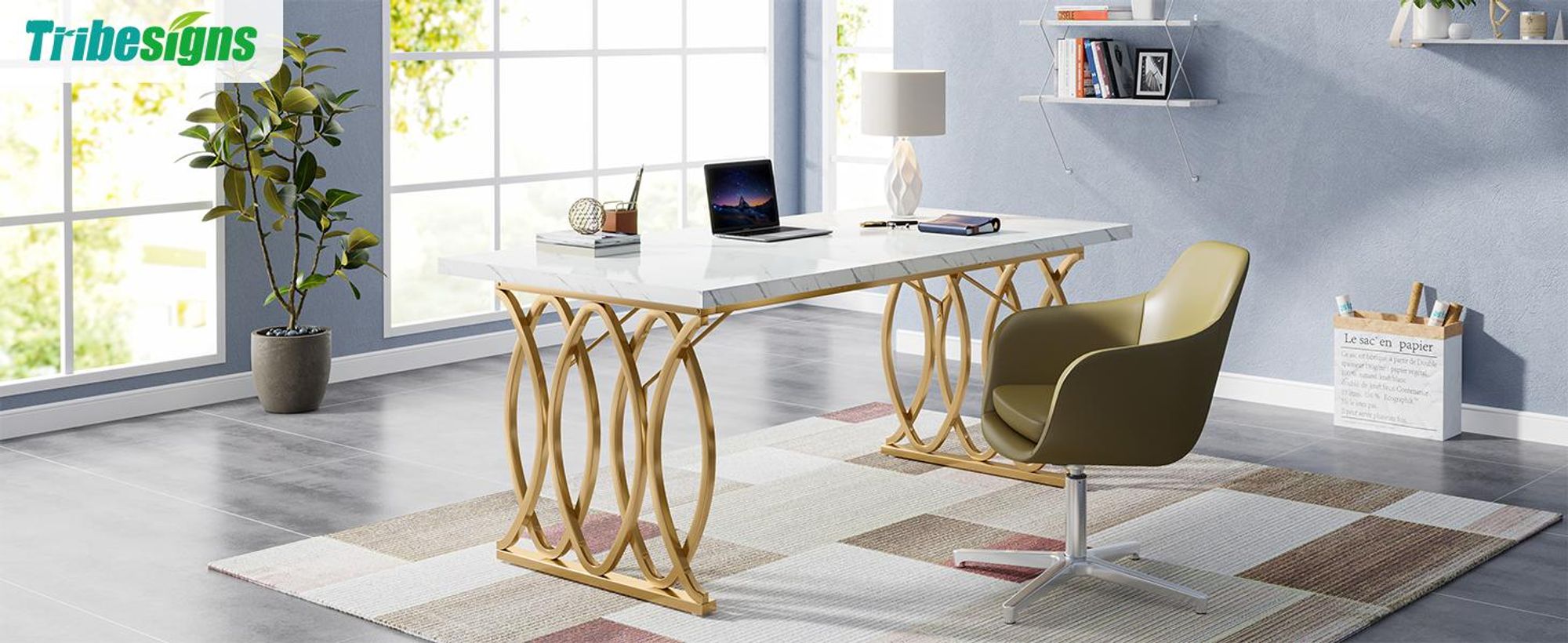 Tribesigns Moderner Esstisch für 6 Personen, Tisch Wohnzimmer, 160 x 80 x 75 cm, Rechteckig, Küchentisch, Esstisch, Moderner-Design, Weiß und Gold