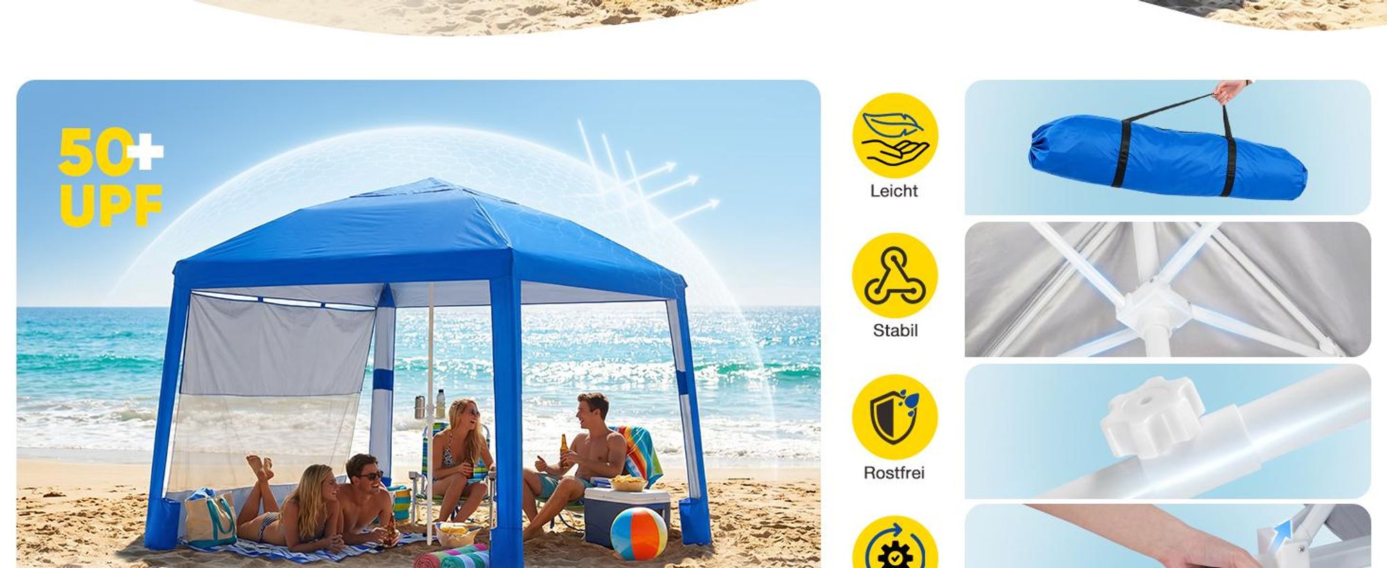 Sekey Strandmuschel Pop Up 240 x 240 cm für 4 Personen mit Seitenvorhang Höhenverstellbar UV Schutz 50+ Windfest Strandzelt