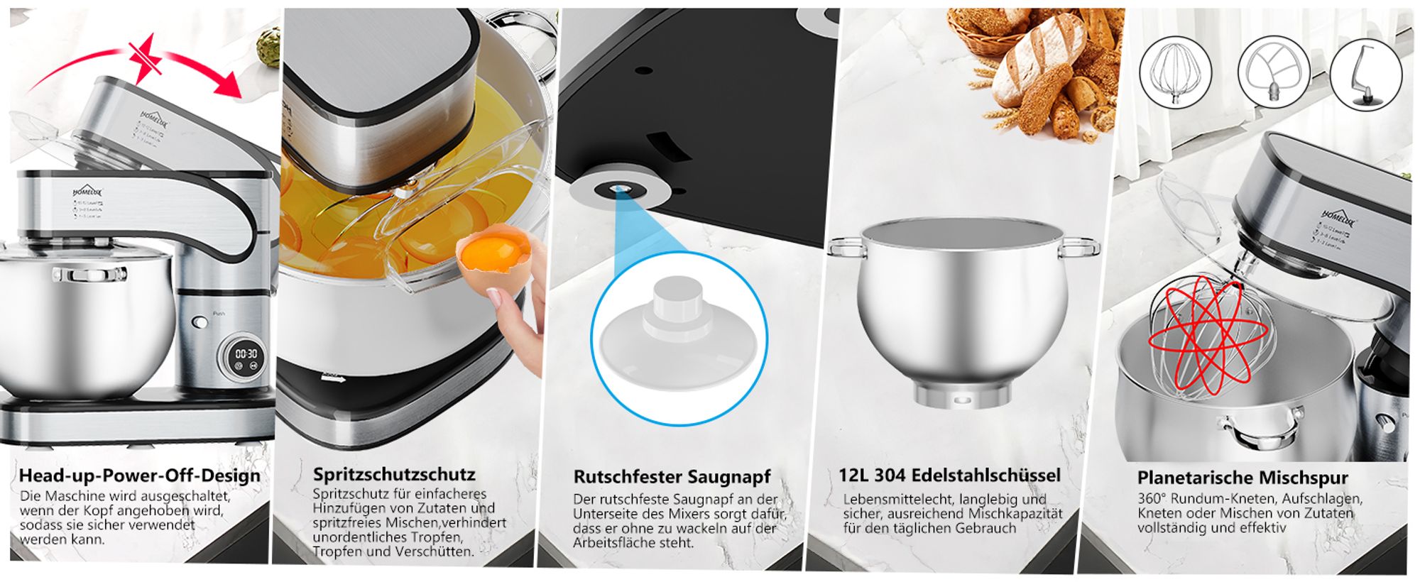 HOMELUX 2500W Küchenmaschine Multifunktional Knetmaschine, 12L Knetmaschine inkl 4-Teiligem Patisserie-Set und Spritzschutz, 12 Geschwindigkeit