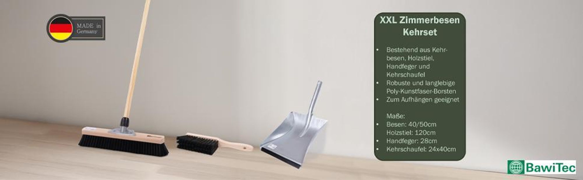XXL Zimmerbesen-Set 40cm Breit Kehrgarnitur Saalbesen Kehrset mit Stiel Komplettset Handfeger Besen Kehrblech Besenset