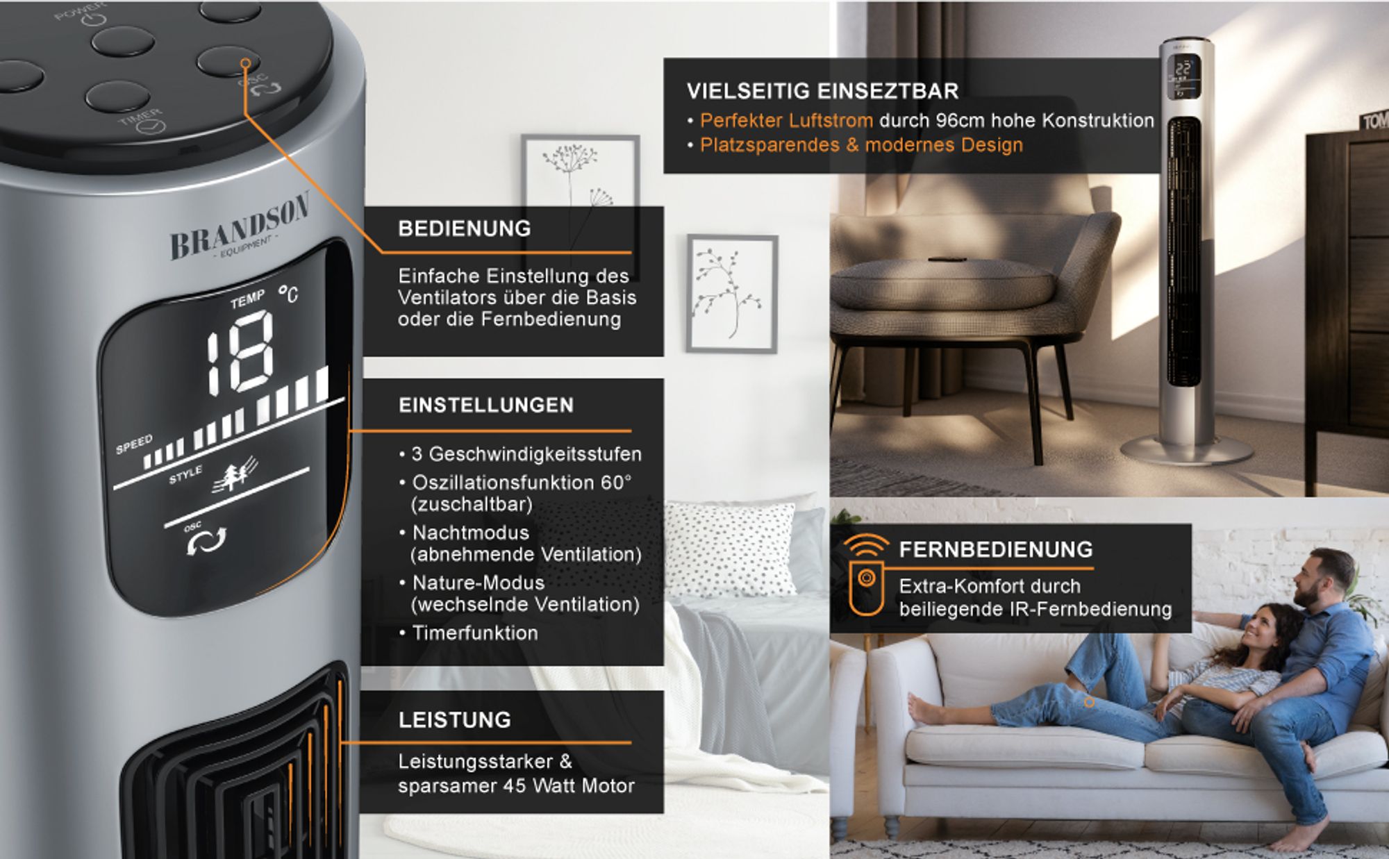 Silberner Turmventilator mit Digitalanzeige und Fernbedienung im modernen Wohnzimmer