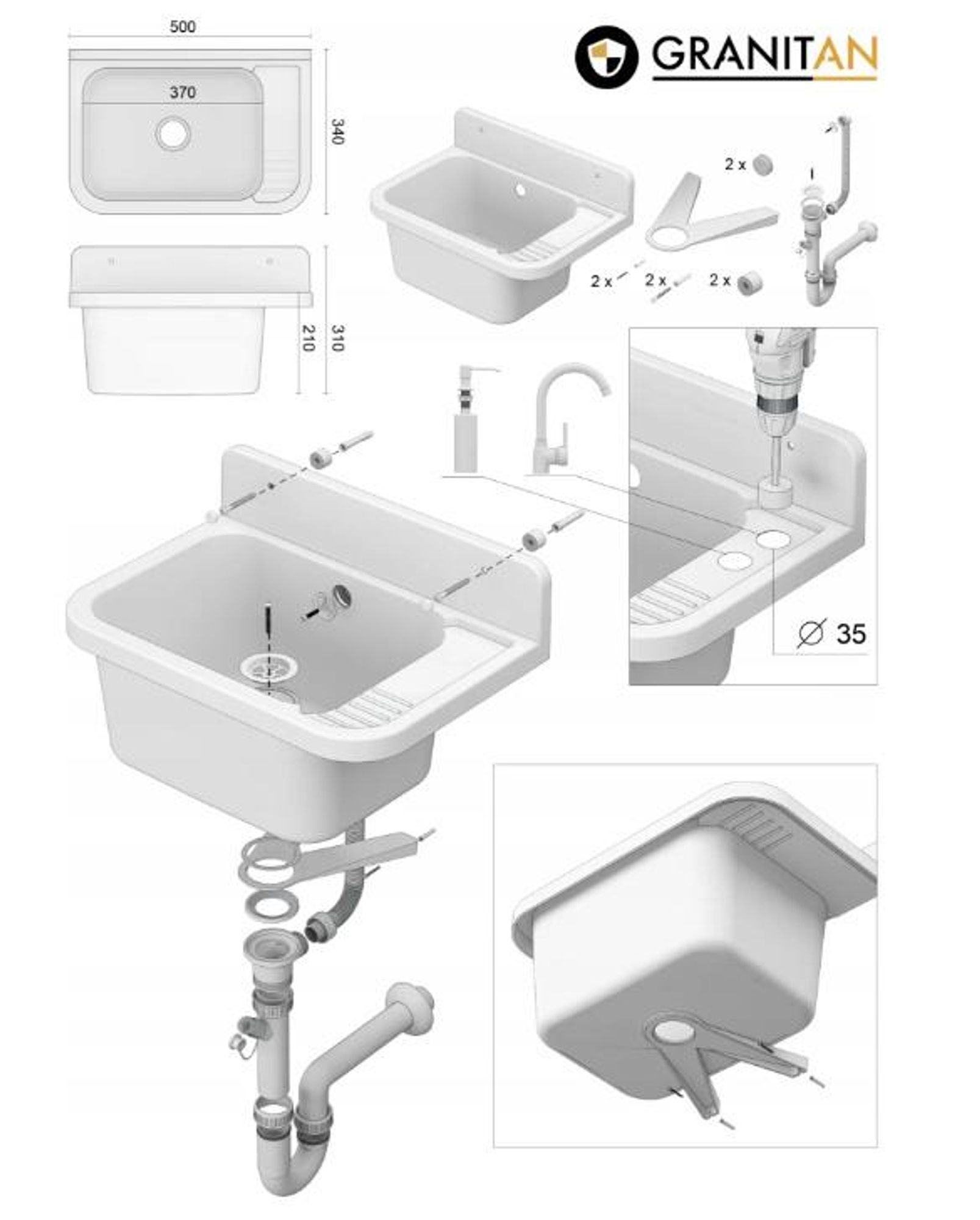 Granitan - Waschbecken - Spülbecken 6,5x21,5 cm - Spüle Schwarz - mit Siphon und Seifenspender - PARON