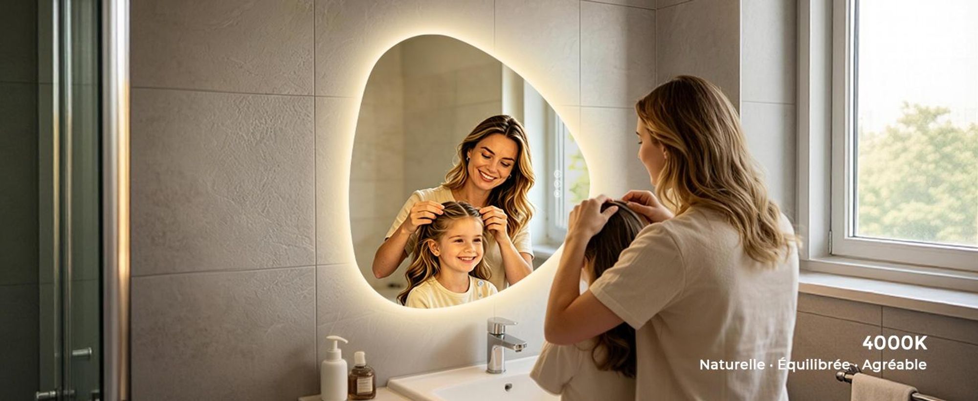 Miroir de salle de bain asymétrique AFIELINA avec éclairage LED, 60 x 70 cm, sans cadre, 3 couleurs de lumière, variateur d'intensité, anti-buée, fonction mémoire