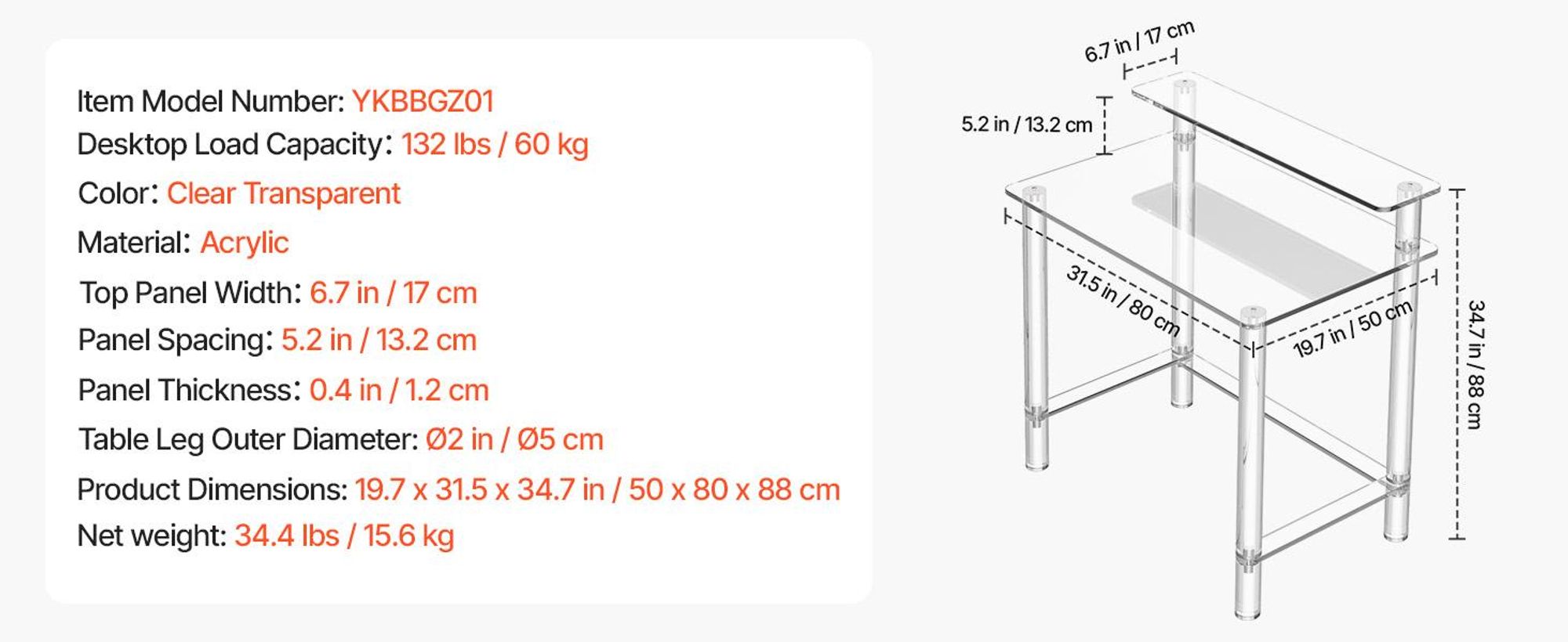 VEVOR Acryltisch Computertisch 2-stufiger Bürotisch mit Monitorständer, moderner Schreibtisch (60 kg belastbar) für Schlafzimmer Büro Arbeitszimmer Garderobe, 50 x 80 x 88 cm (transparent)