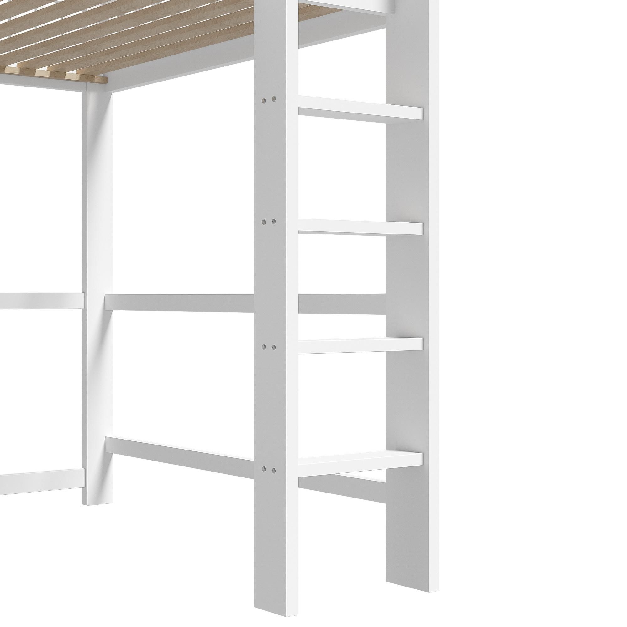 Flieks Etagenbett 140x200cm mit Schreibtisch und Regal, Kinderbett Hochbett mit Lattenrost, Stockbett Doppelbett mit Leiter, Weiß