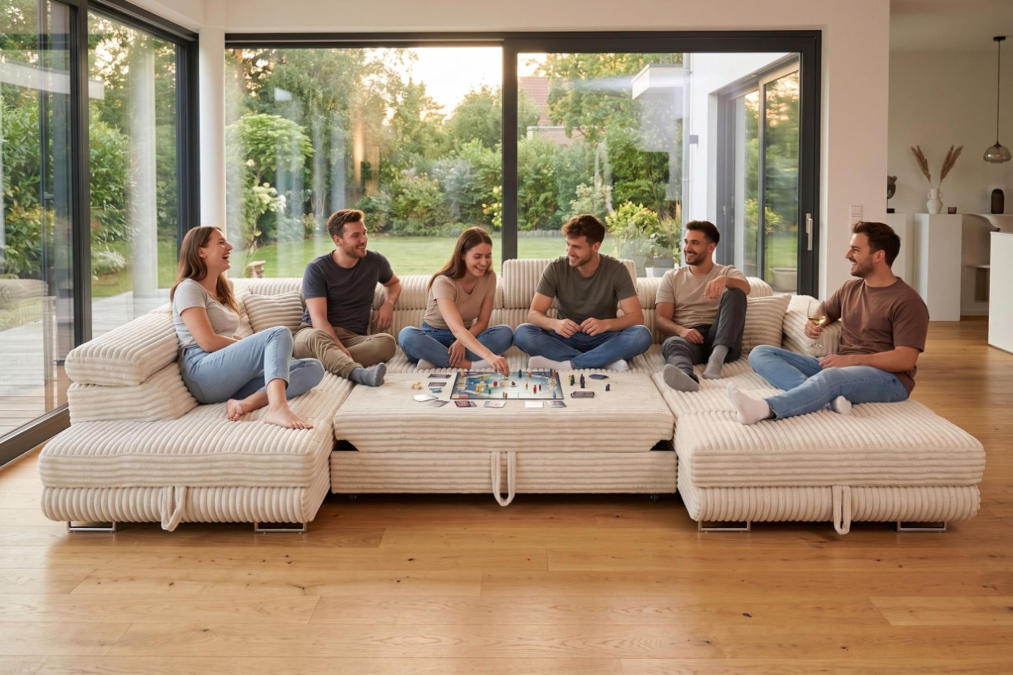 Gruppe von Freunden auf Wohnlandschaft Cordo U-Form XXL Breitcord – Platz für die ganze Familie
