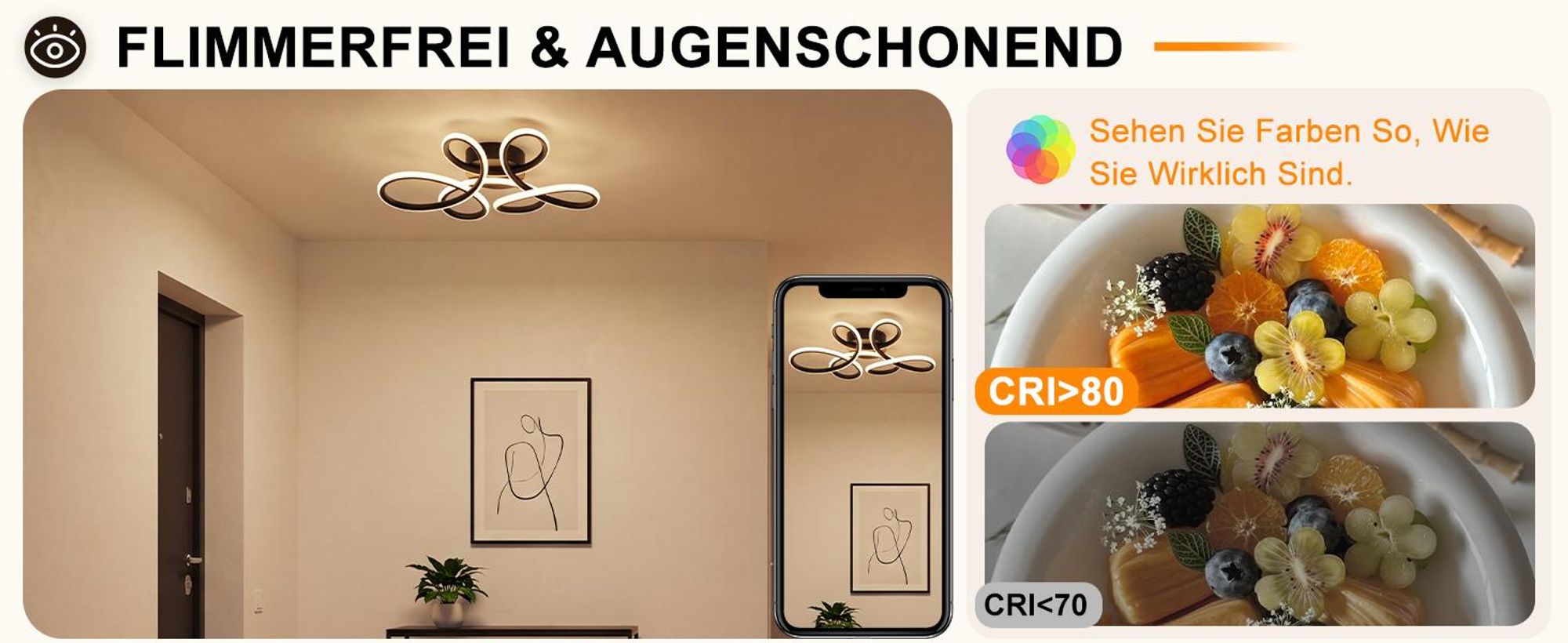 ZMH Deckenlampe Wohnzimmer LED Deckenleuchte 24W 3000K Küchenlampe Schwarz Modern Blume Design Wohnzimmerlampe für Schlafzimmer Büro Küche Flur