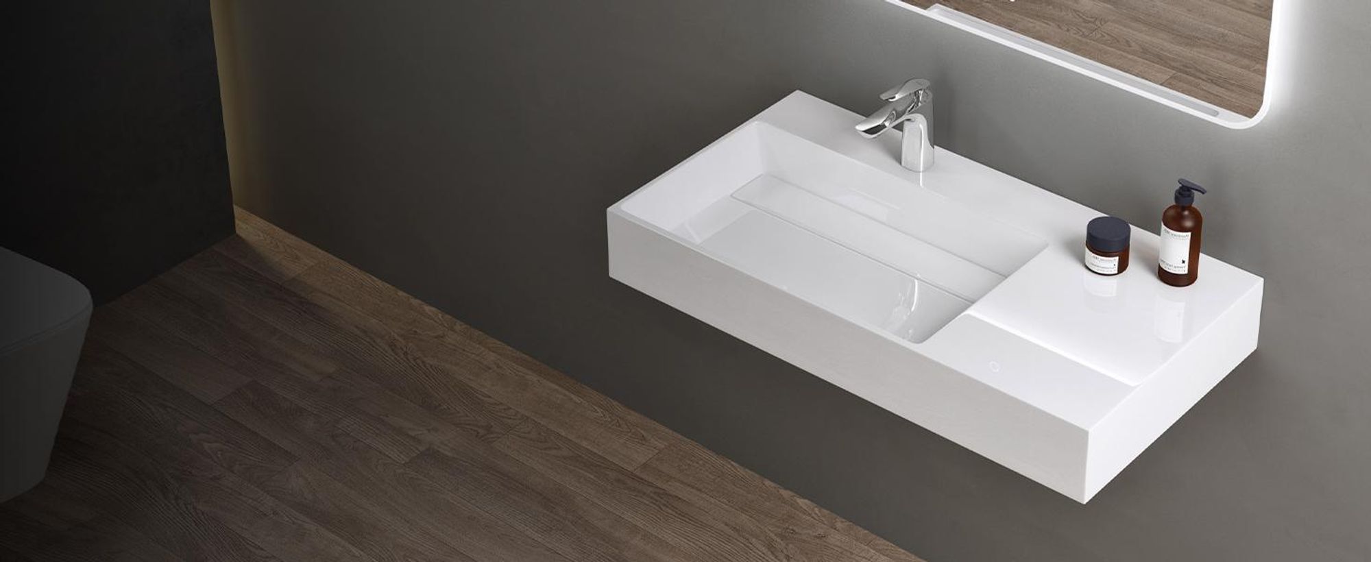 doporro Design Waschbecken 90x48x13 cm mit verstecktem Ablauf in weiß aus Mineralguss als Aufsatzwaschbecken und Hängewaschbecken geeignet col12-R