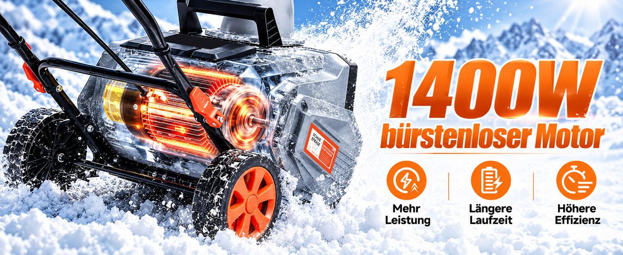 1400W Akku-Schneefräse mit 2 Akku | Brushless Motor 6500RPM | Schneeschaufel Schneeschieber 46cm Arbeitsbreite | 7m Wurfweite | 180° drehbarer