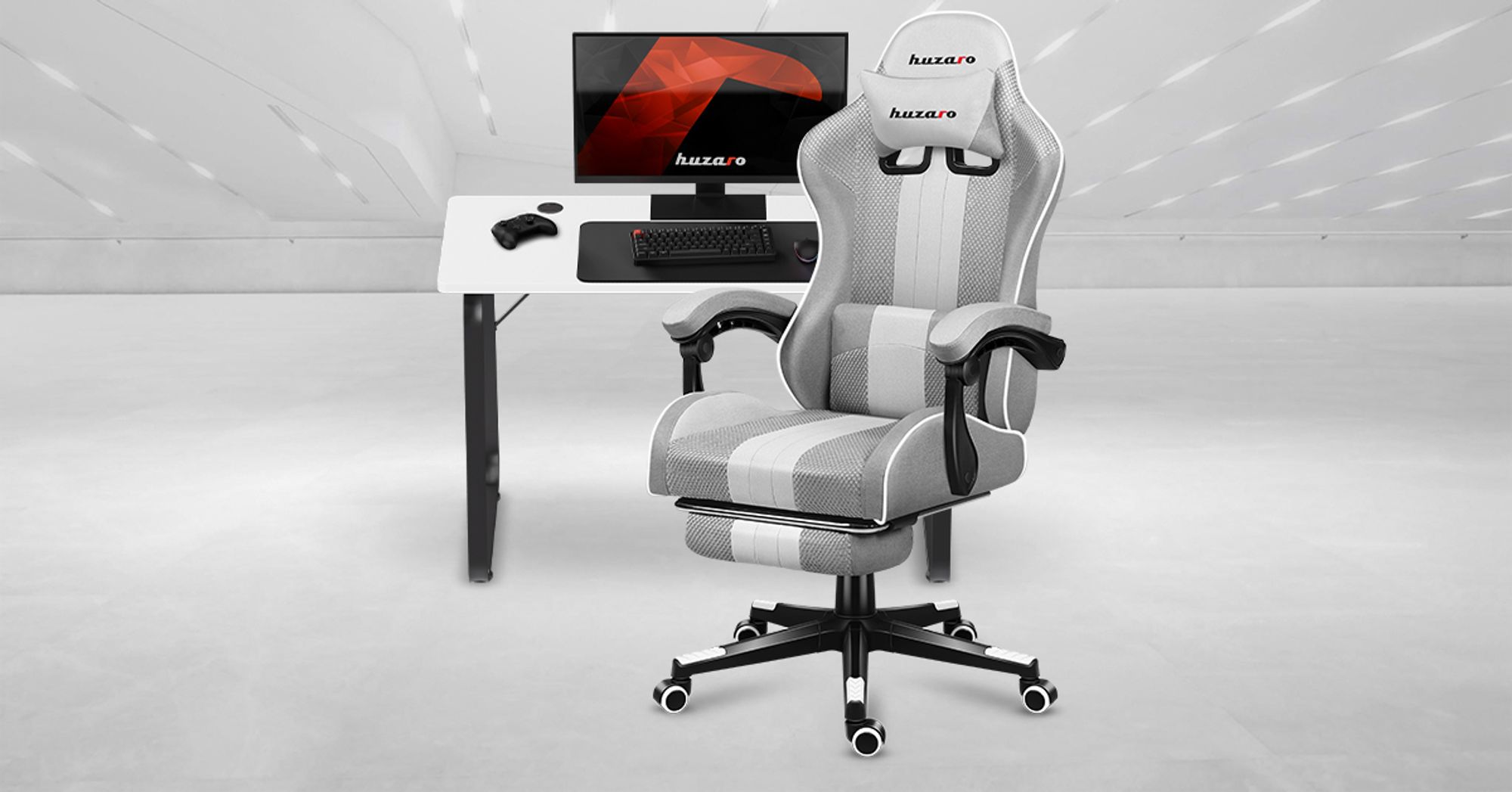 Huzaro Force 4.7 | Gaming Stuhl Bürostuhl Computerstuhl PC Chair | 90-140° Neigungswinkel Kopfstütze Lendenkissen Fußstütze Stoff | Weiß