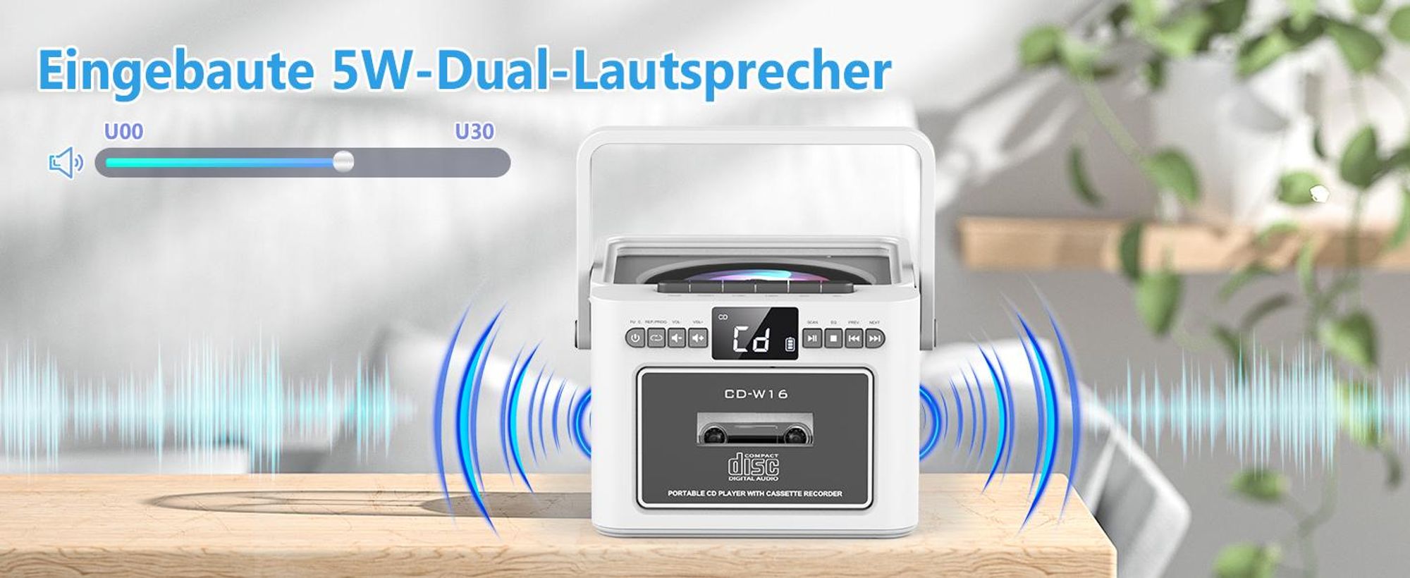 CD Player, Bluetooth Lautsprecher, Kassettenspieler mit UKW Radio, 5000mAh wiederaufladbare Akku, mit Fernbedienung, AUX/USB/SD Karte-In