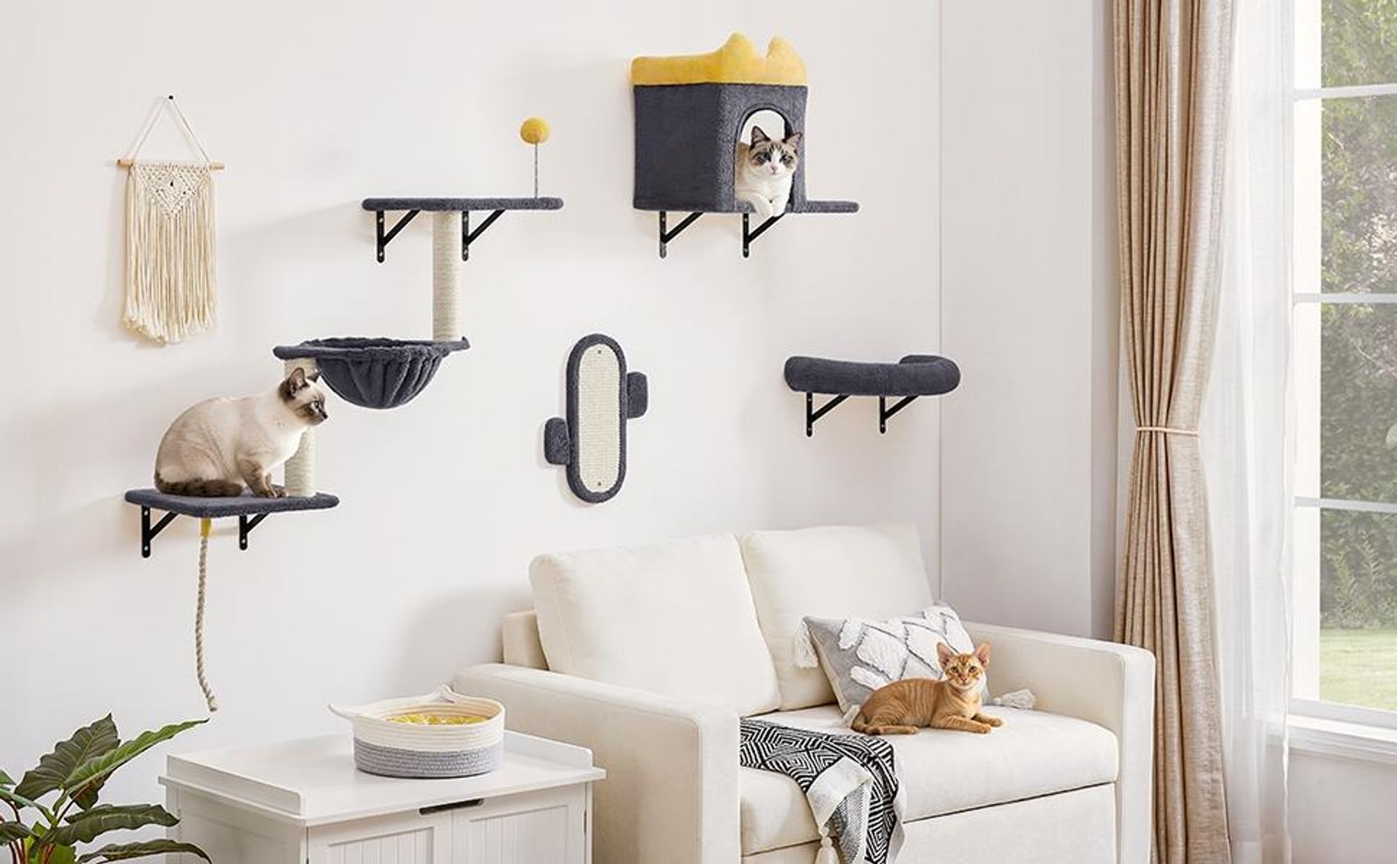 Yaheetech Katzen Kletterwand, 4er Set, inkl. Katzenhöhle Katzenliege Plattformen Kratzbrett & Katzenkorb, Dunkelgrau