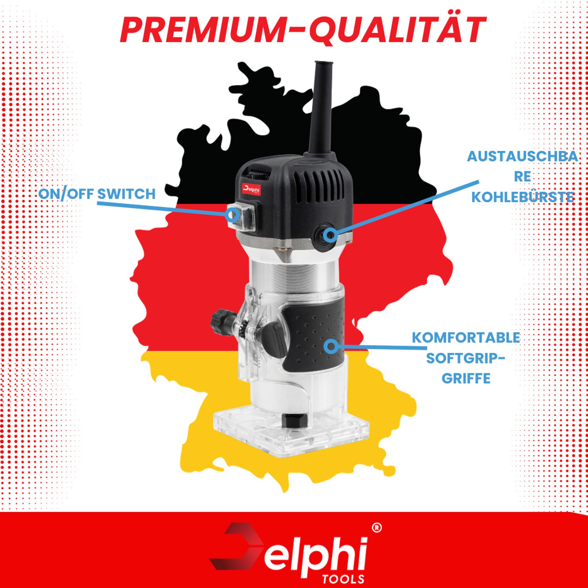 DELPHI Oberfräse für Holzbearbeitung 800 W Kantenfräse Handpalmenfräser für die Holzbearbeitung mit Zubehör 330000 R/min 6,35 mm Set