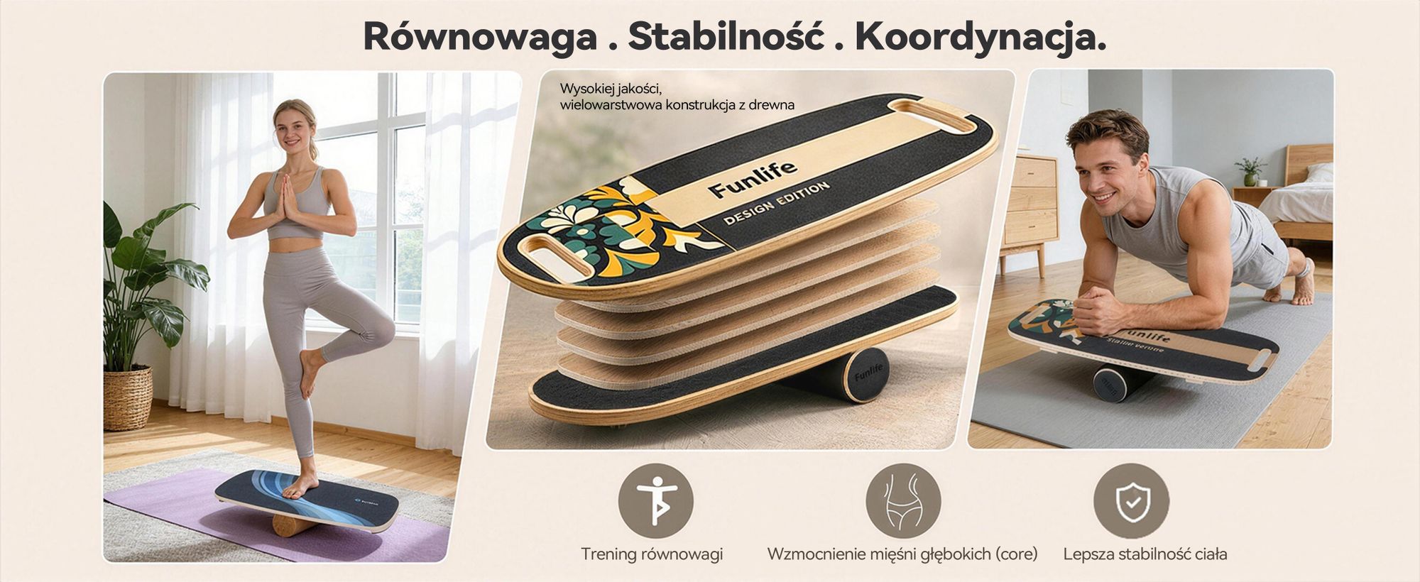 FunLife MOVE Deska równoważna z drewnianą podstawą i kółkiem – profesjonalny trenażer równowagi z 3-stopniowym systemem równowagi, trening mięśni tułowia, fitness i stabilność, do 150 kg