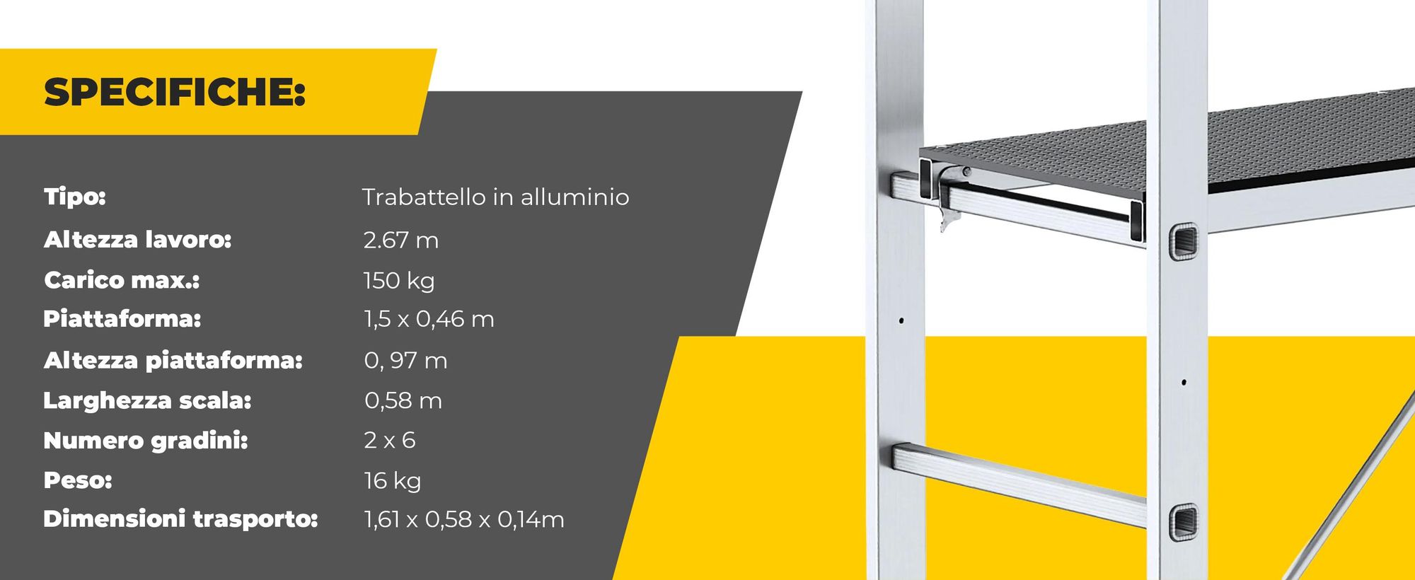 Drabest | Ponteggio in alluminio - Ponteggio in alluminio 2x6 - Ponteggio a scala - Portata piattaforma: 150 kg - Dimensioni piattaforma: 46x150 cm