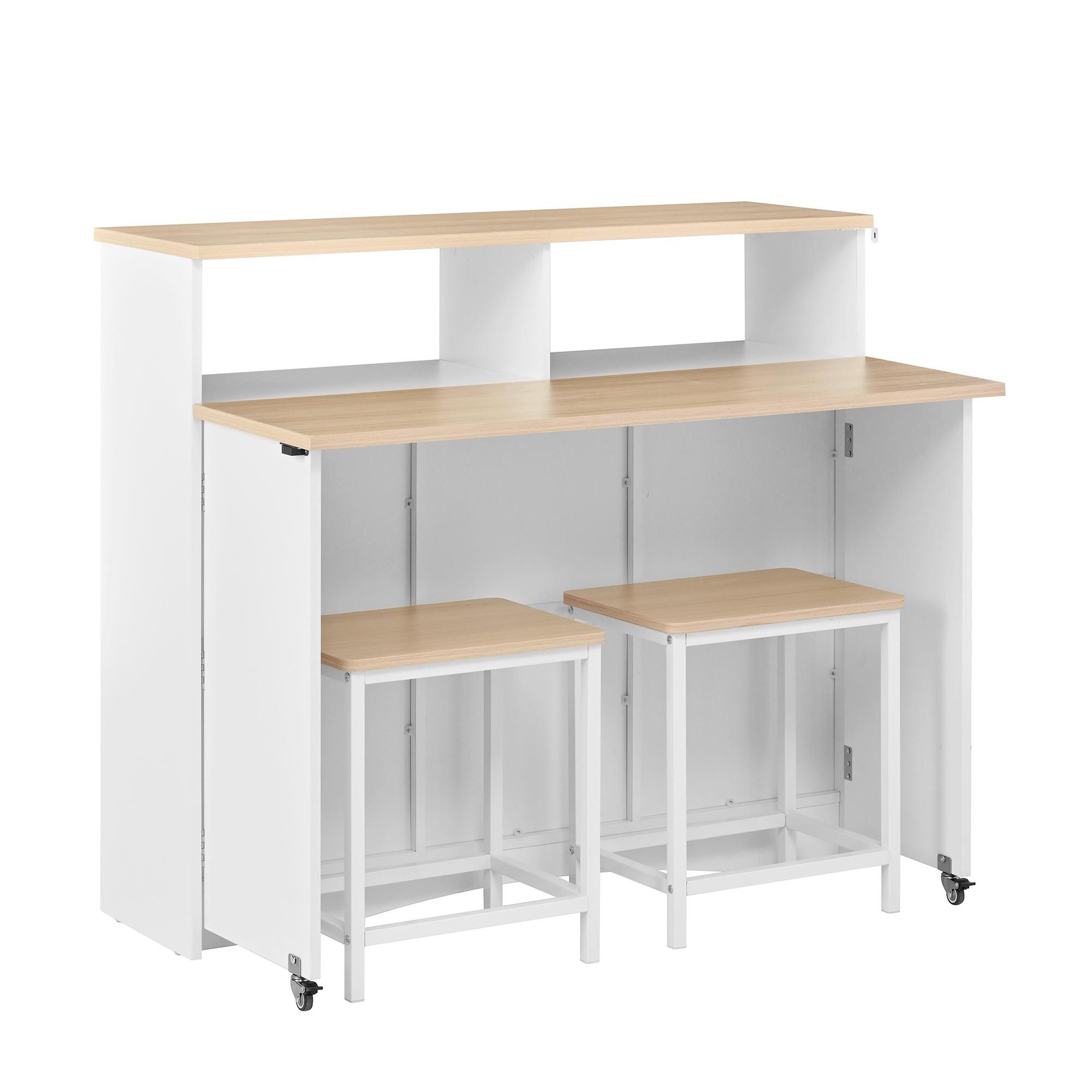 Flieks Servierwagen Esstisch mit Klappbarer Arbeitsplatte und 2 Barhockern, Kücheninsel mit Sitzgelegenheit, Sideboard Kommode, Weiß