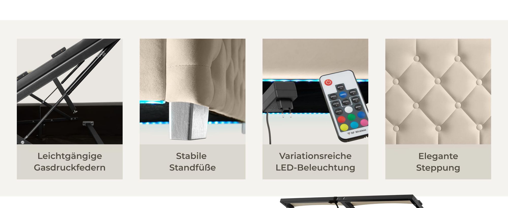 tectake® Polsterbett Daytona in Samtoptik mit Steppmuster großer Stauraum