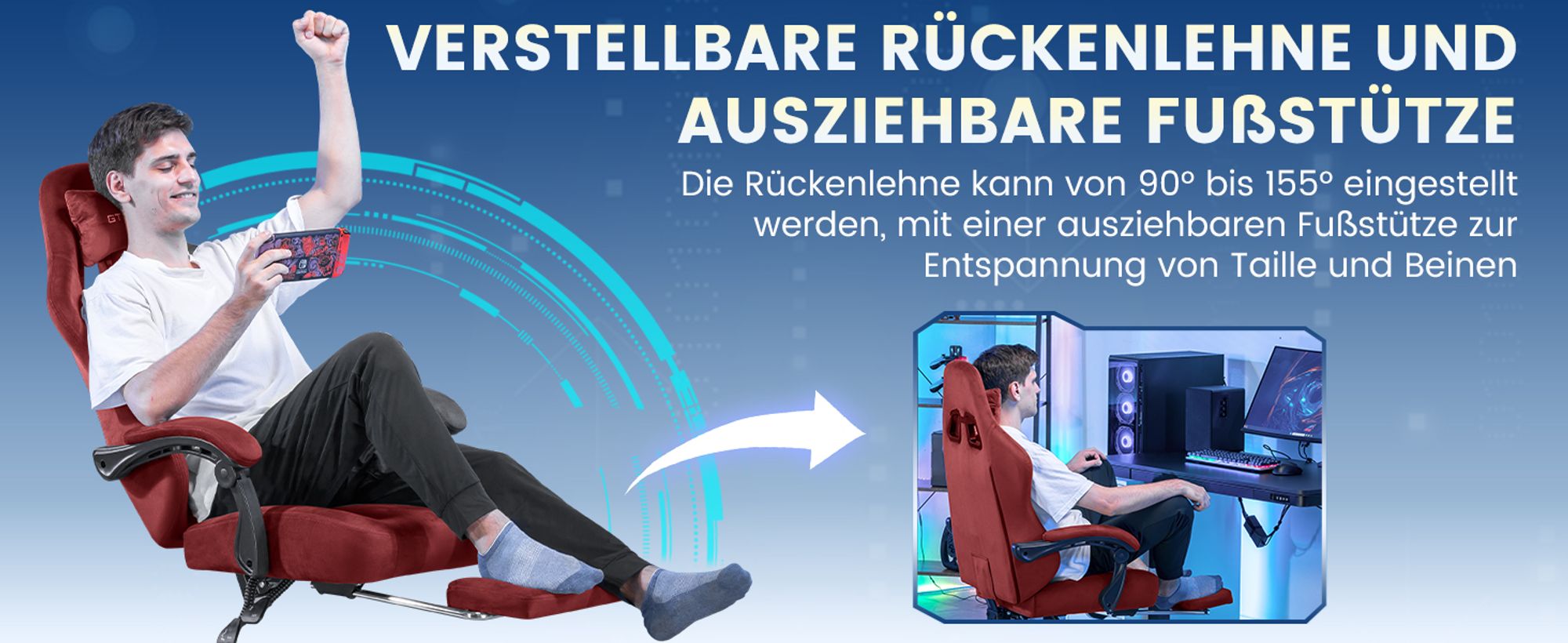 GTPLAYER Gaming Stuhl Ergonomischer Gaming Sessel Schreibtischstuhl Bürostuhl mit Stoffoberfläche Federsitzkissen, Verbindungsarmlehnen, mit Fußstütze