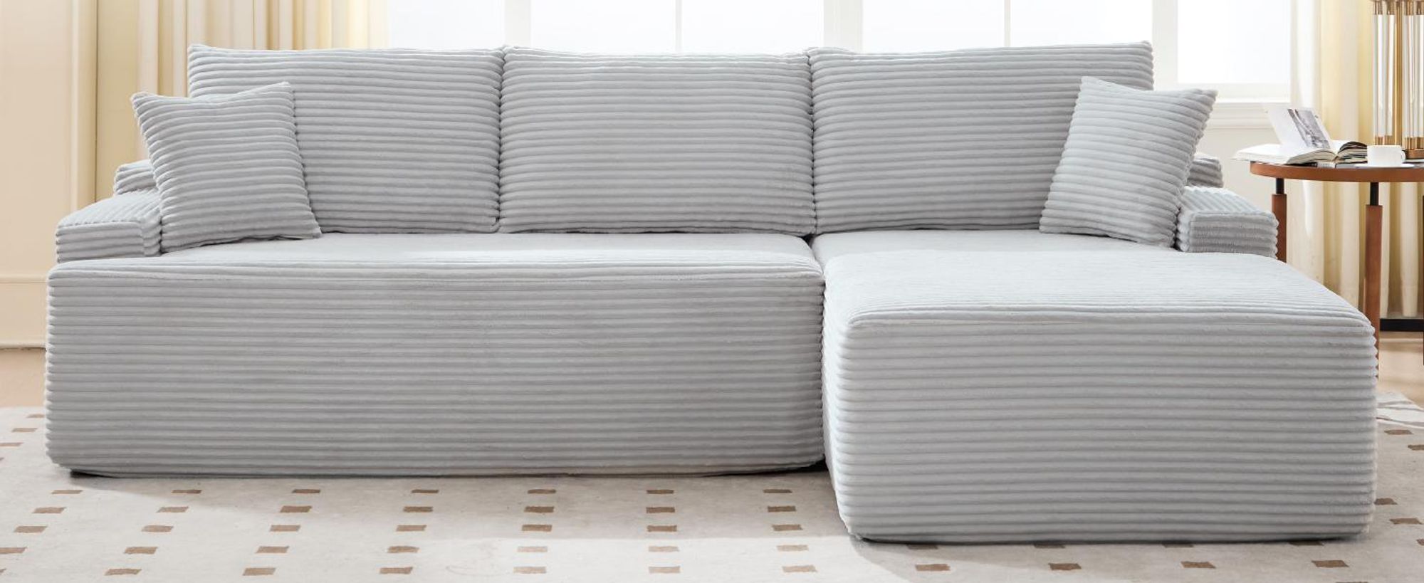 Juskys Sofa Coredo - Hellgrau, moderne Couch aus Cord mit Kissen, Ottomane rechts