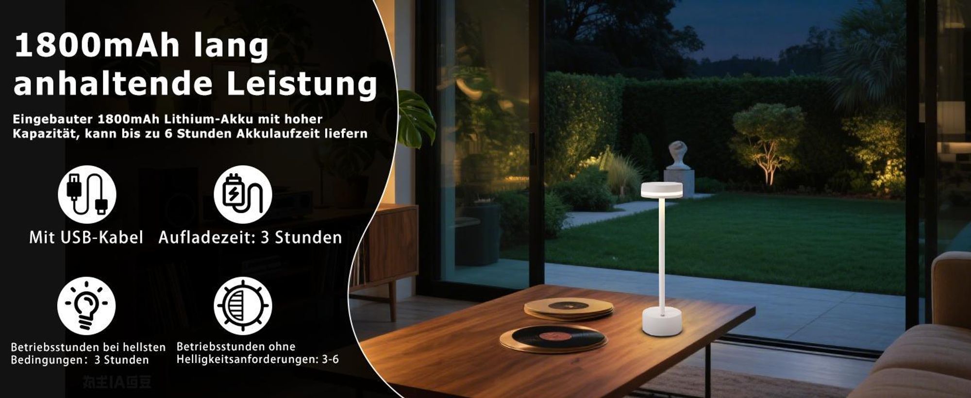 ZMH Tischlampe Kabellos LED Tischleuchte Akku Nachttischlampe Dimmbare mit USB-C Aufladbar Batterie Touch Lampe Weiß Tischlampen für Schlafzimmer Esszimmer Büro