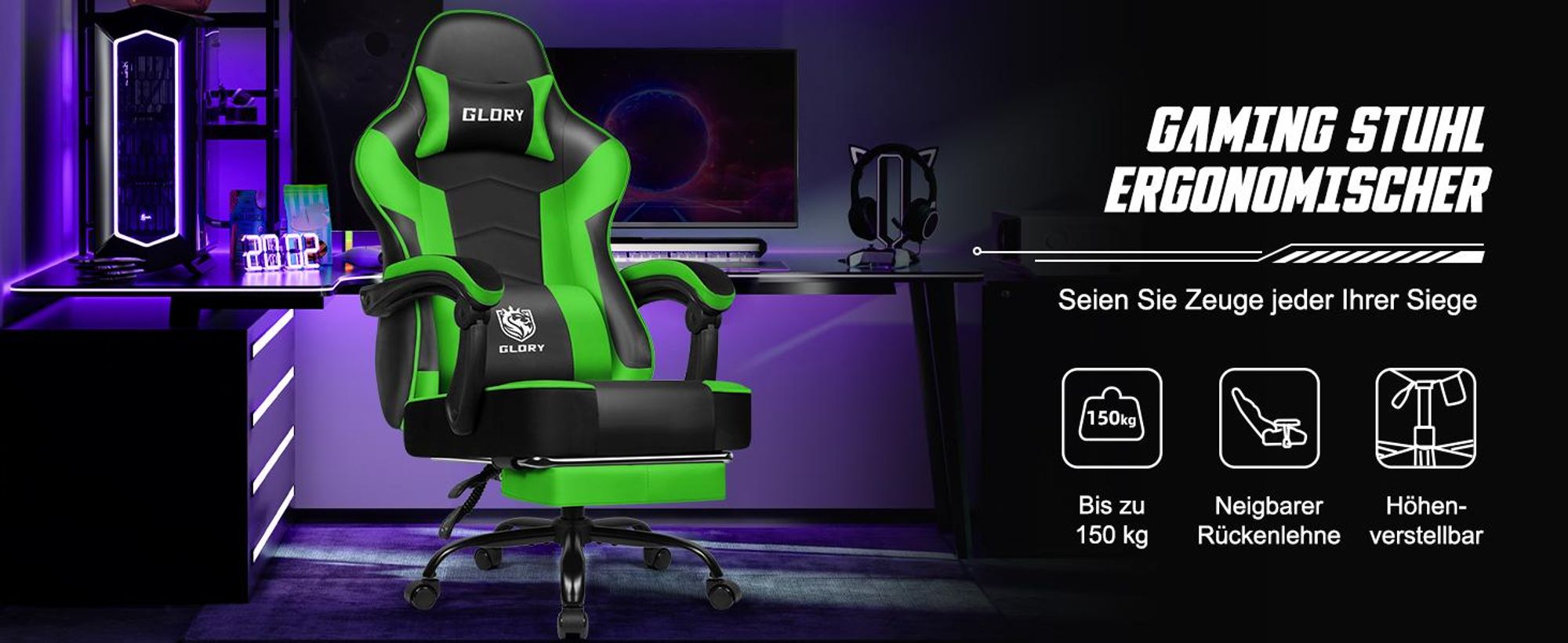 Adormii Gaming Stuhl, Ergonomischer Gaming Sessel, Schreibtischstuhl, Gamingstuhl mit Fußstütze, verstellbare Rückenlehne, Gaming stuhl 150 kg