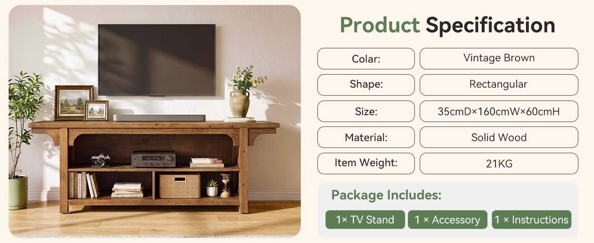 Tribesigns TV-Ständer aus Holz für 55/65/70-Zoll-Fernseher, 160 cm Entertainment-Center im Landhausstil, TV-Konsole mit 3 offenen Ablagefächern