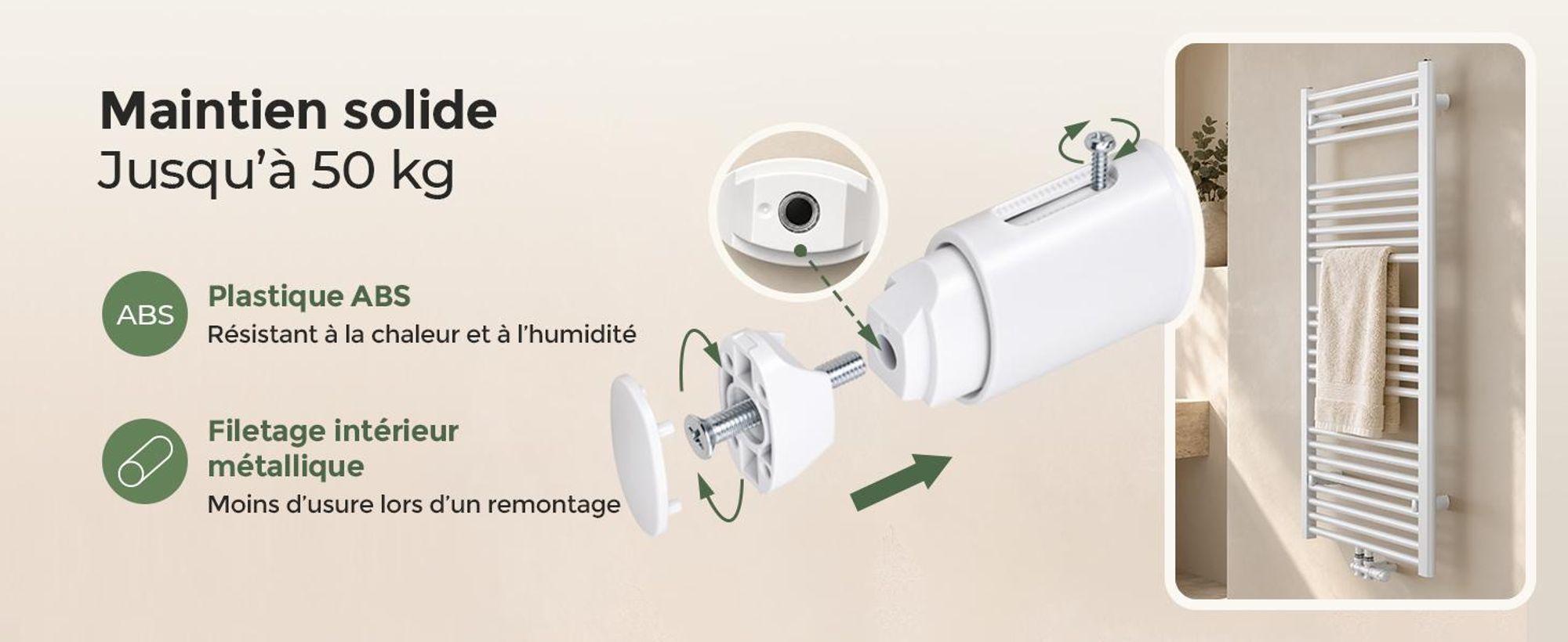 Fixations pour radiateur sèche-serviettes, lot de 4, blanches, pour tubes ronds droits Ø22–25 mm, Entraxe 40–45 mm, réglage 20 mm, charge tot 1 pièce