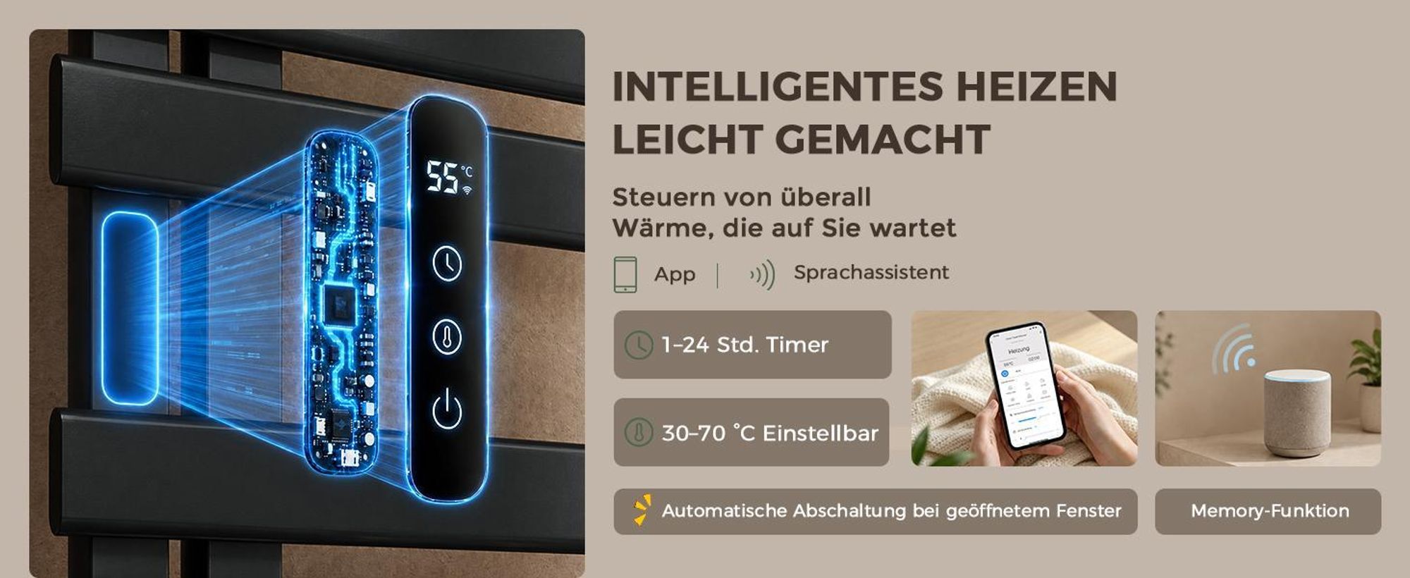 S'AFIELINA Handtuchheizkörper elektrisch mit Ablage 1050×500mm 335W Schwarz,Smart Handtuchwärmer mit WLAN-App, Carbonfaser-Heizung, 6 Heizmodi