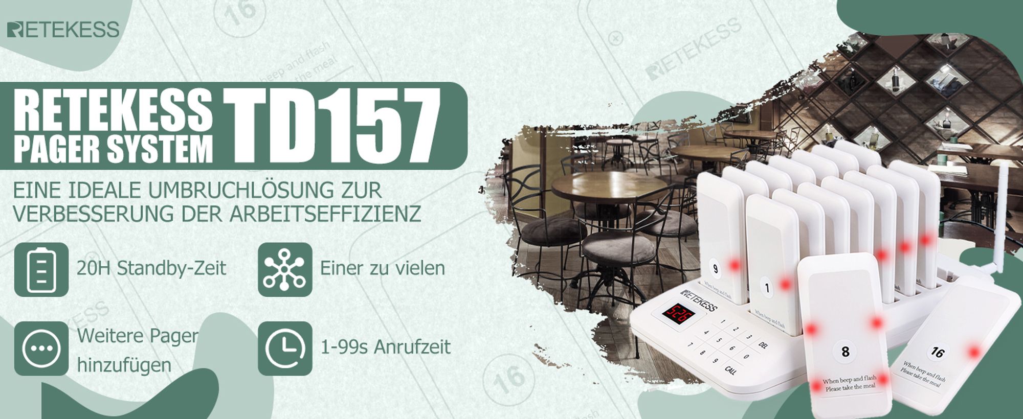 Retekess TD157 Restaurant Pager System, 16 Pager 998 Kanäle für Krankenhaus Restaurant Bar, Kundenrufsystem mit 2 Anrufmodus + Ferngespräch（Weiß）