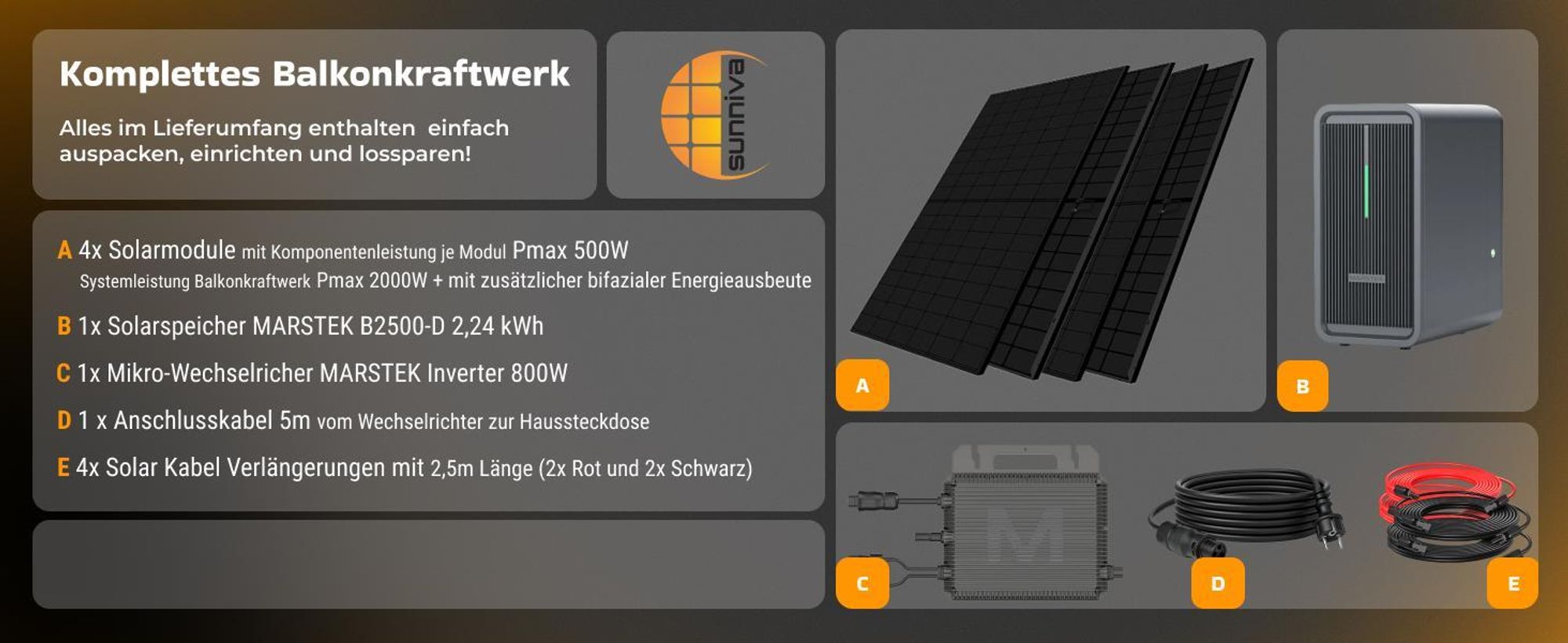 SUNNIVA® 2000W Balkonkraftwerk mit 2,24 kWh Speicher MARSTEK B2500-D, 4x 500W BIFAZIAL FULLBLACK komplett Steckdose, PV Solaranlage + Solarspeicher