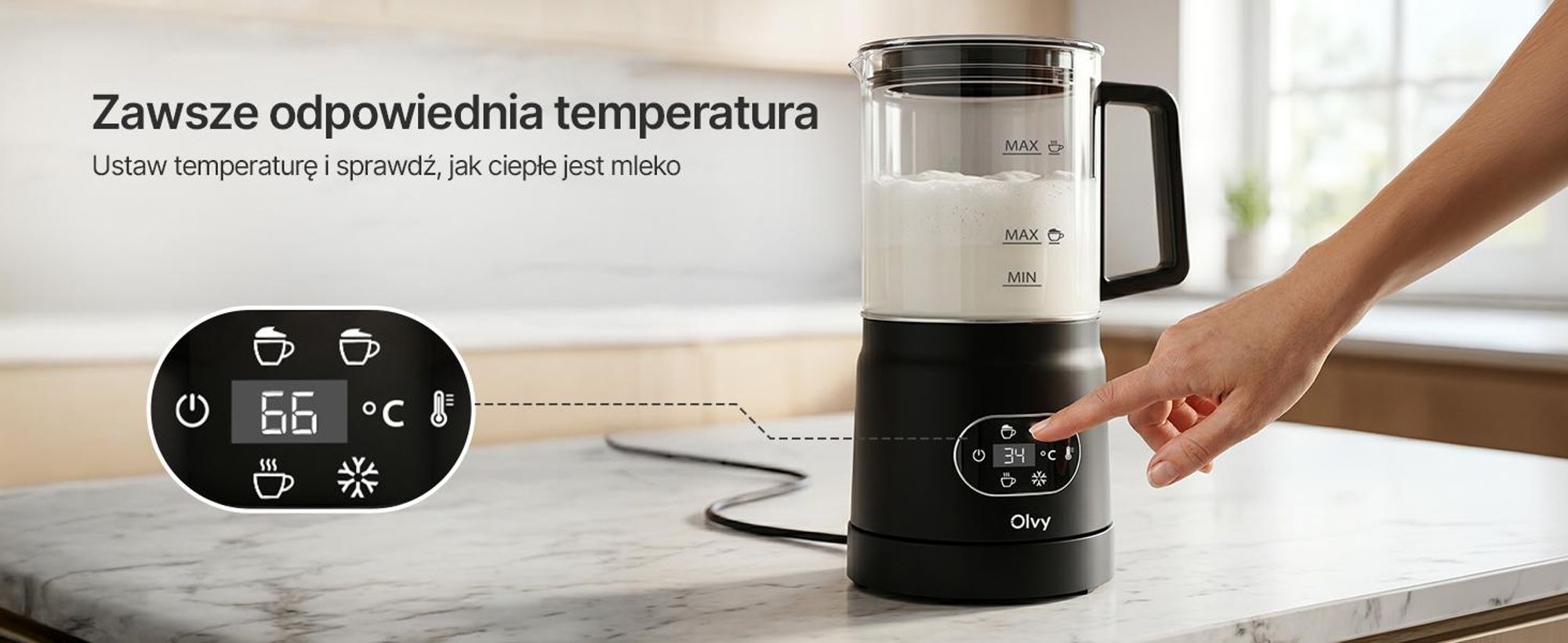 Olvy Electric Milk Frother ze Szkła 4 w 1, 500 W, Wyświetlacz Temperatury, Spienia 160 ml, Podgrzewa 400 ml, Ciepła i Zimna Pianka, Czarny