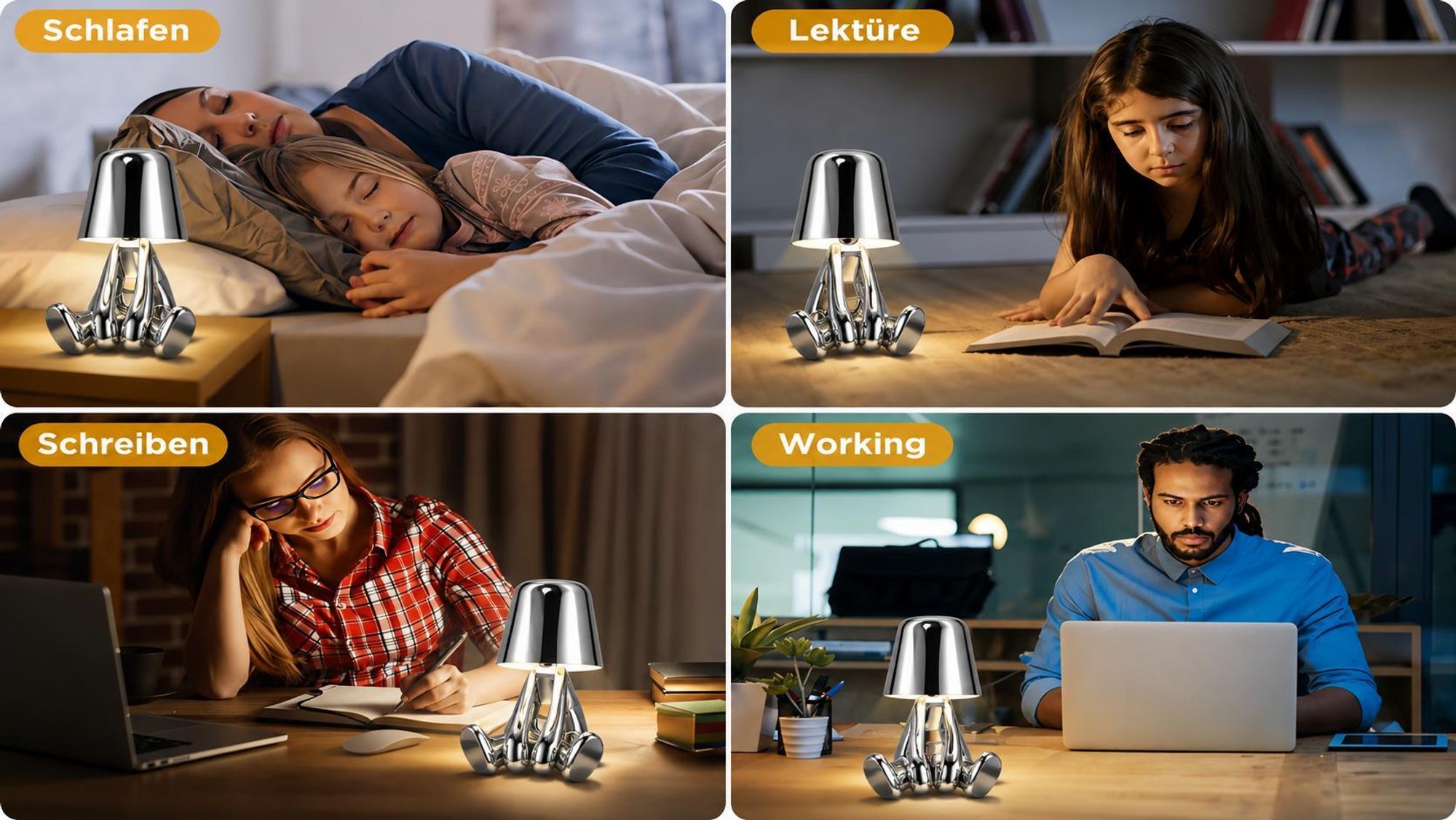 Thinker-Statue LED Nachttischlampe mit Touch-Steuerung,USB-Aufladung,3 Helligkeitsstufen,Kabellose Dimmbare Tischlampe,Dekorative  Nachtlicht(SilverA)