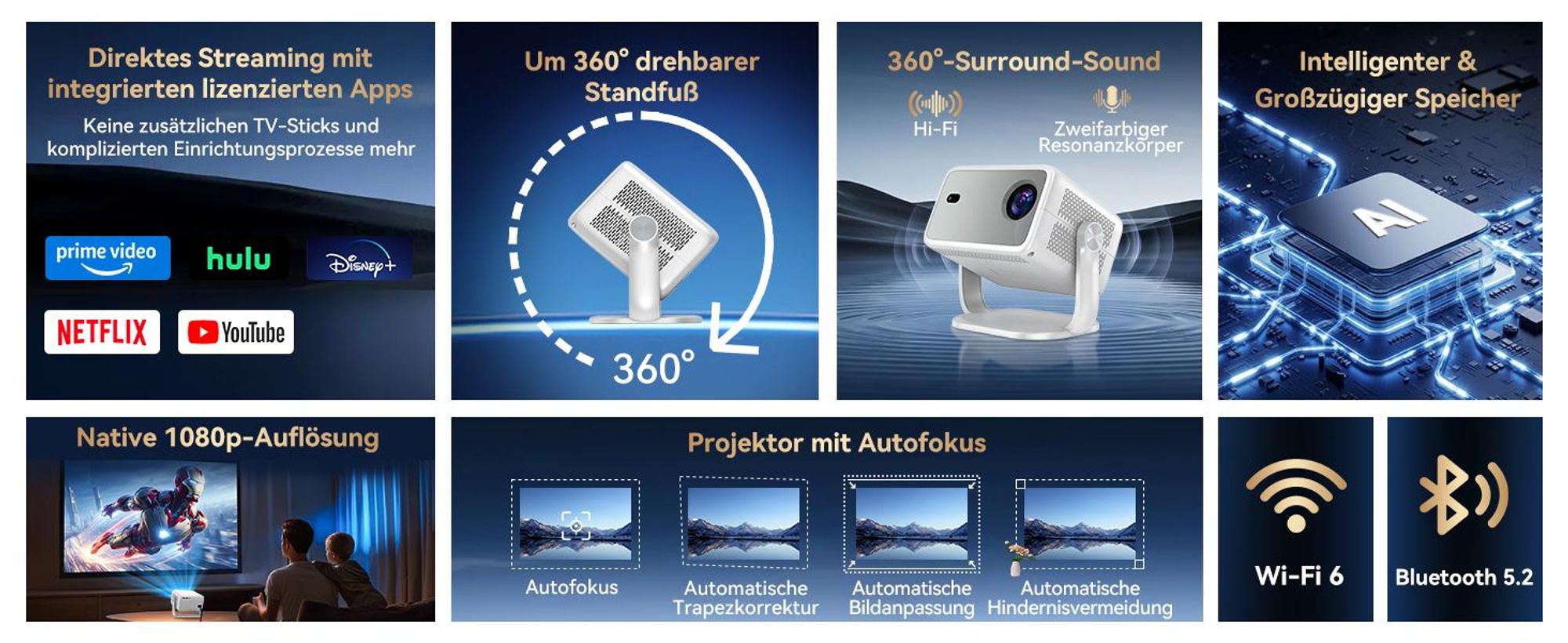 Blackview Huidun PT10 Beamer, 25000 Lumen, 1080P Native, 4K, Google TV, 360° Deckenprojektion, KI Autofokus, WiFi 6, 10W HiFi, Tragbares Heimkino