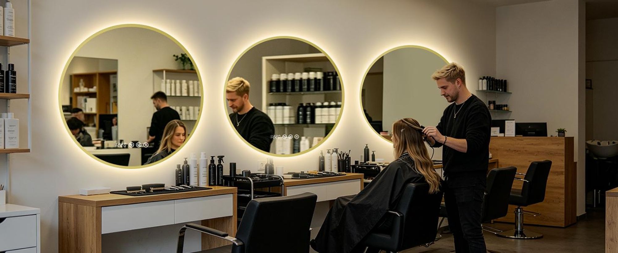 S'AFIELINA Miroir Salle de Bain LED Rond 70 cm avec Éclairage, cadre doré, 3 températures de couleur, variateur, antibuée, horloge & température