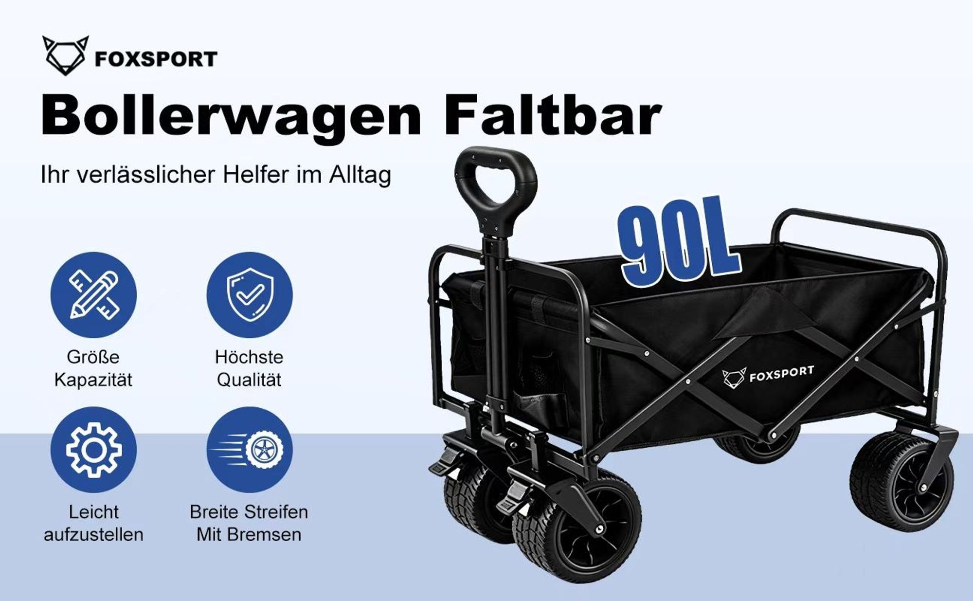 FOXSPORT Bollerwagen Faltbar, Handwagen bis 100kg belastbar, mit verstellbarer Griff, Gartenwagen für Strand, Garten, Einkäufe, 94 x 58 x 59CM,Schwarz