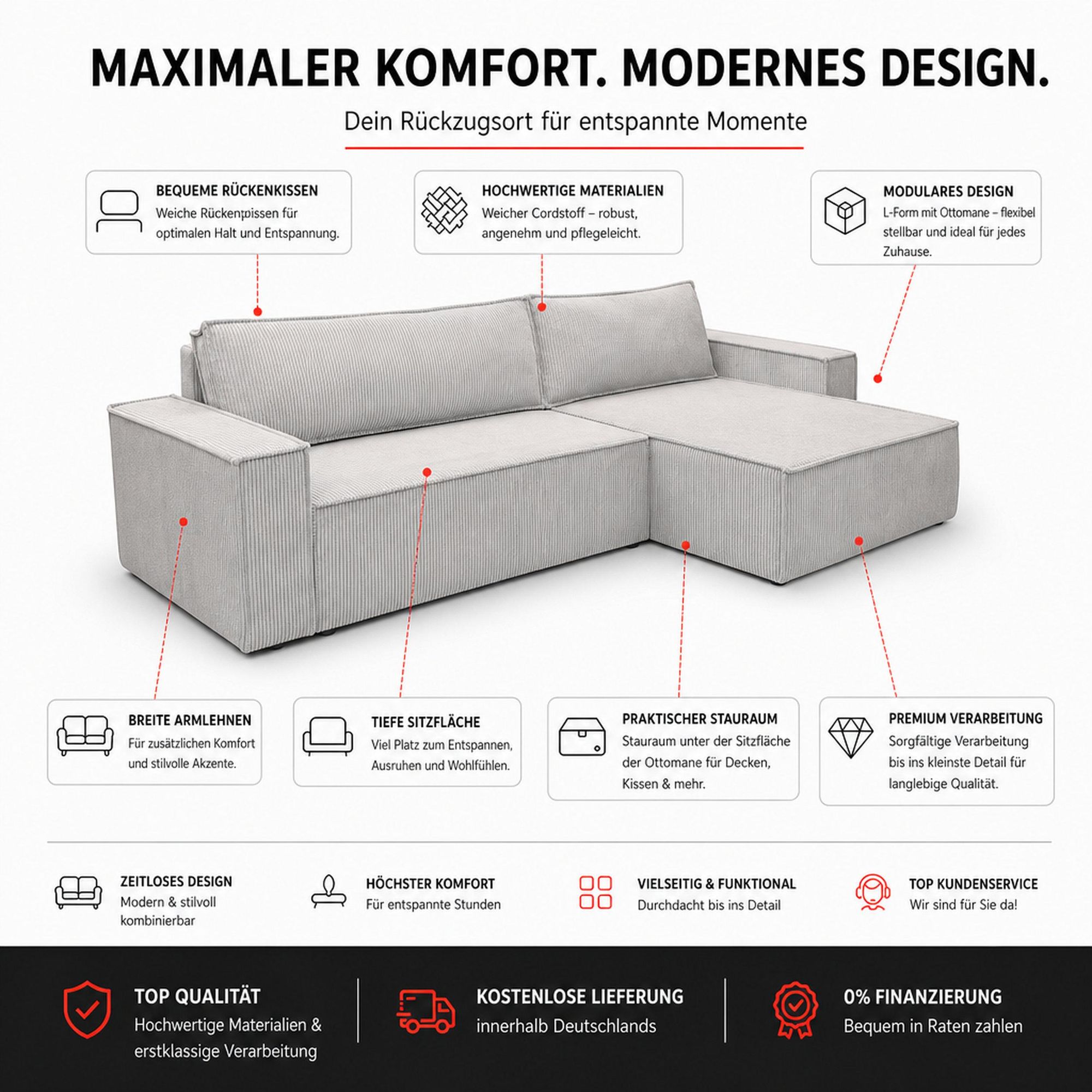 VENASI HUGO XL Ecksofa mit Schlaffunktion und Bettkasten Cord Schlafsofa Eckcouch Sofa BLAU
