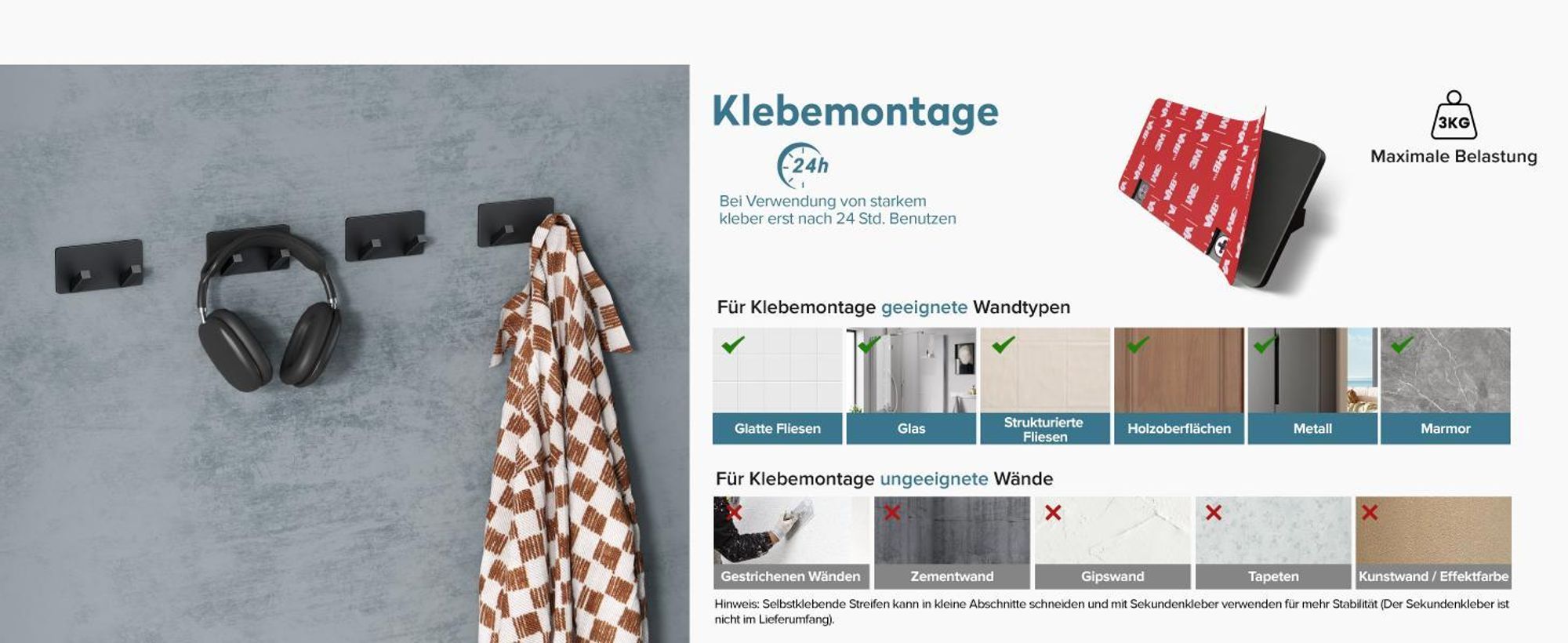 doporro Garderobenhaken Edelstahl, Kleiderhaken Wand mit 2 Haken, selbstklebend & ohne Bohren Matt Weiß für Jacken, Handtücher Stalo-04