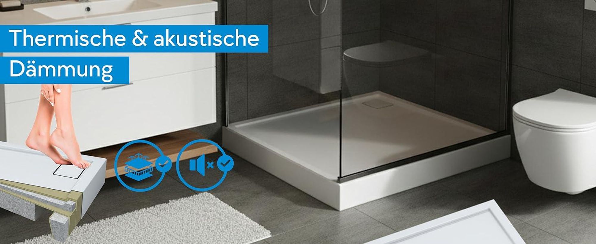 AQUABAD® Duschwanne Komplettset Finca LeakProtect® Smooth White 90x120cm Rechteck mit Ablaufgarnitur