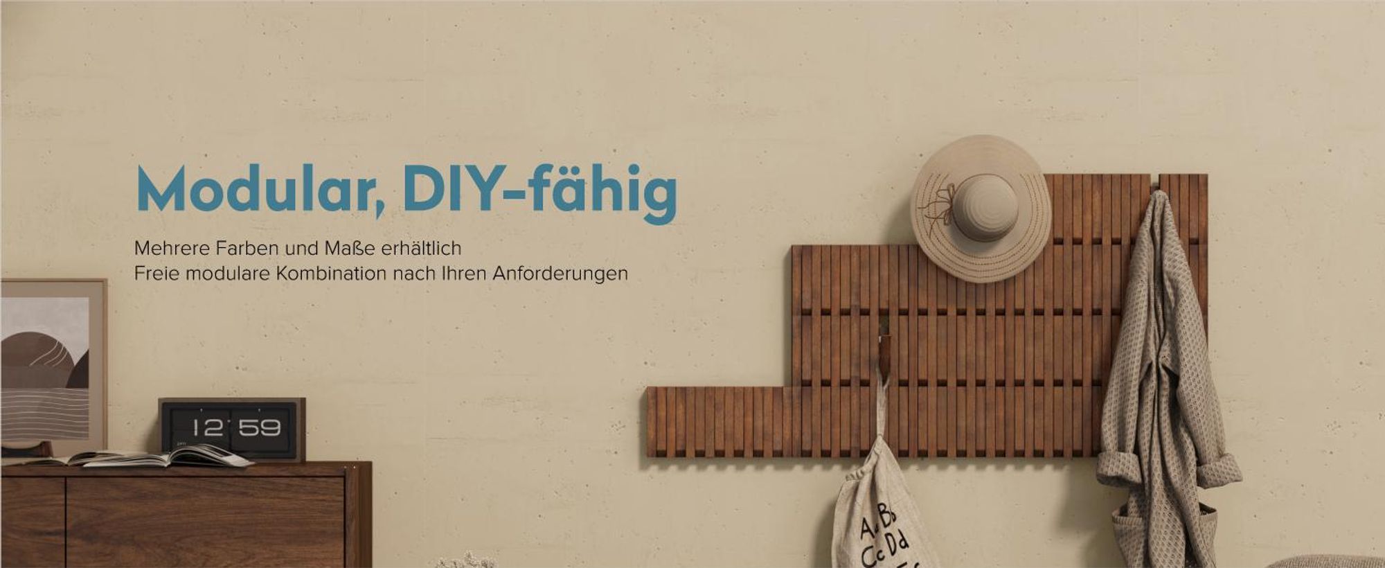 doporro Garderobenhaken Kleiderhaken Wand mit 7 Haken für Jacken, Garderobenleiste für Flur und Garderobe Wandgarderobe aus Holz, Matt Schwarz Twigro-01