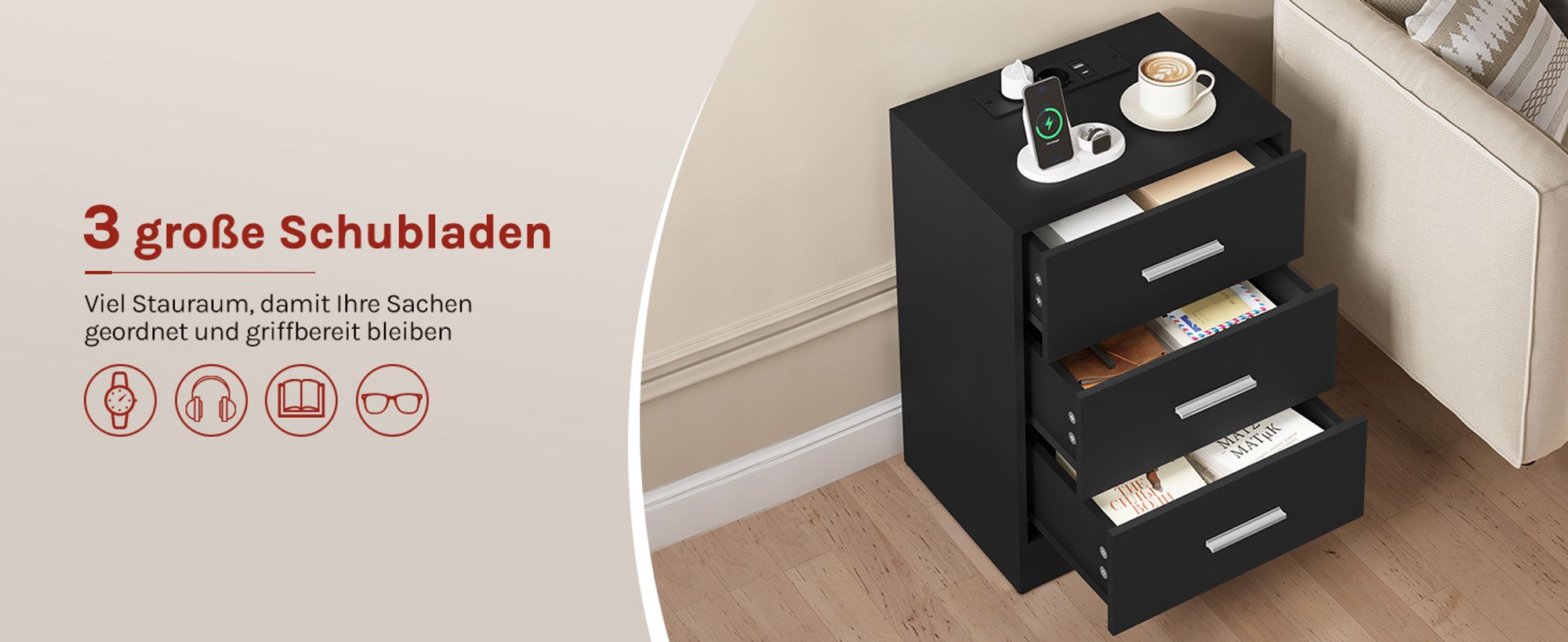 WOLTU Nachttisch, Beistelltisch mit Ladefunktion, Steckdose, 3 Schubladen, Modern, Schwarz