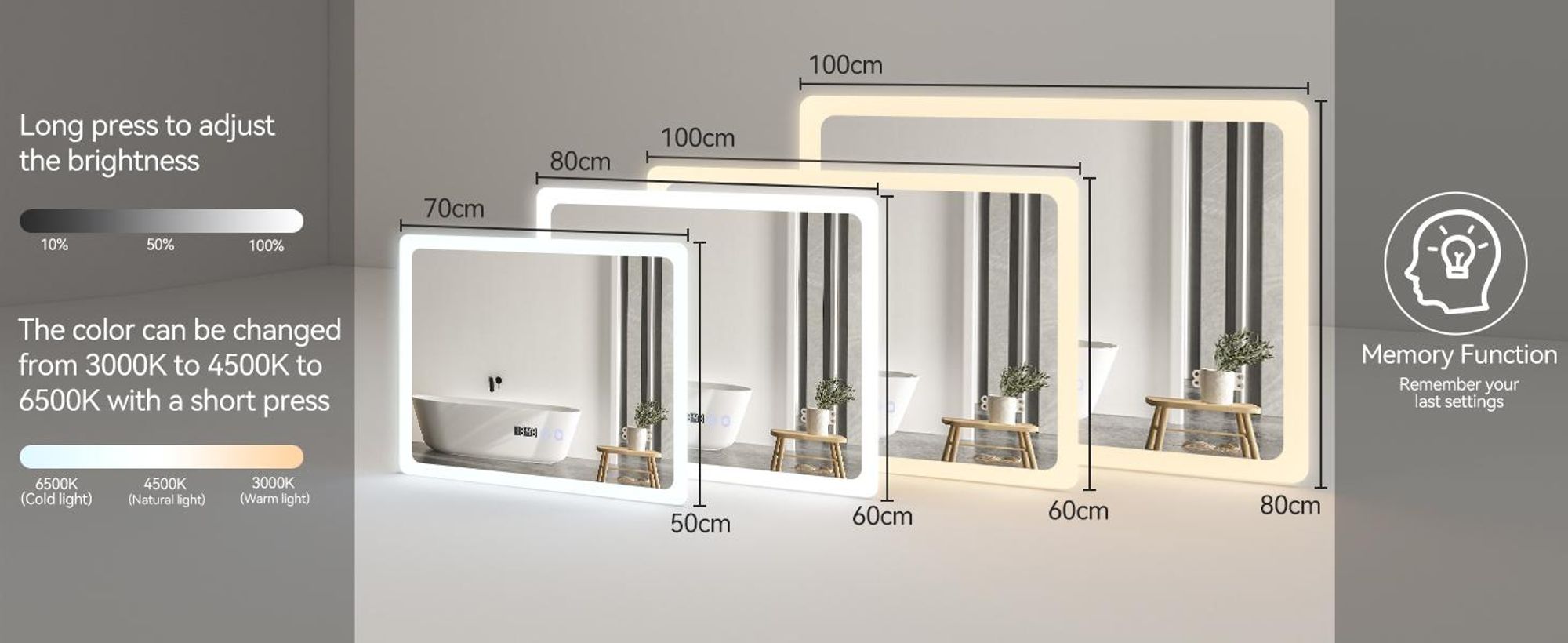 Puluomis badspiegel met verlichting, anti-condens, 70x50 cm, met klok en temperatuur. Badkamerspiegel met LED-verlichting, 6500K, dimbaar, spatwaterdicht