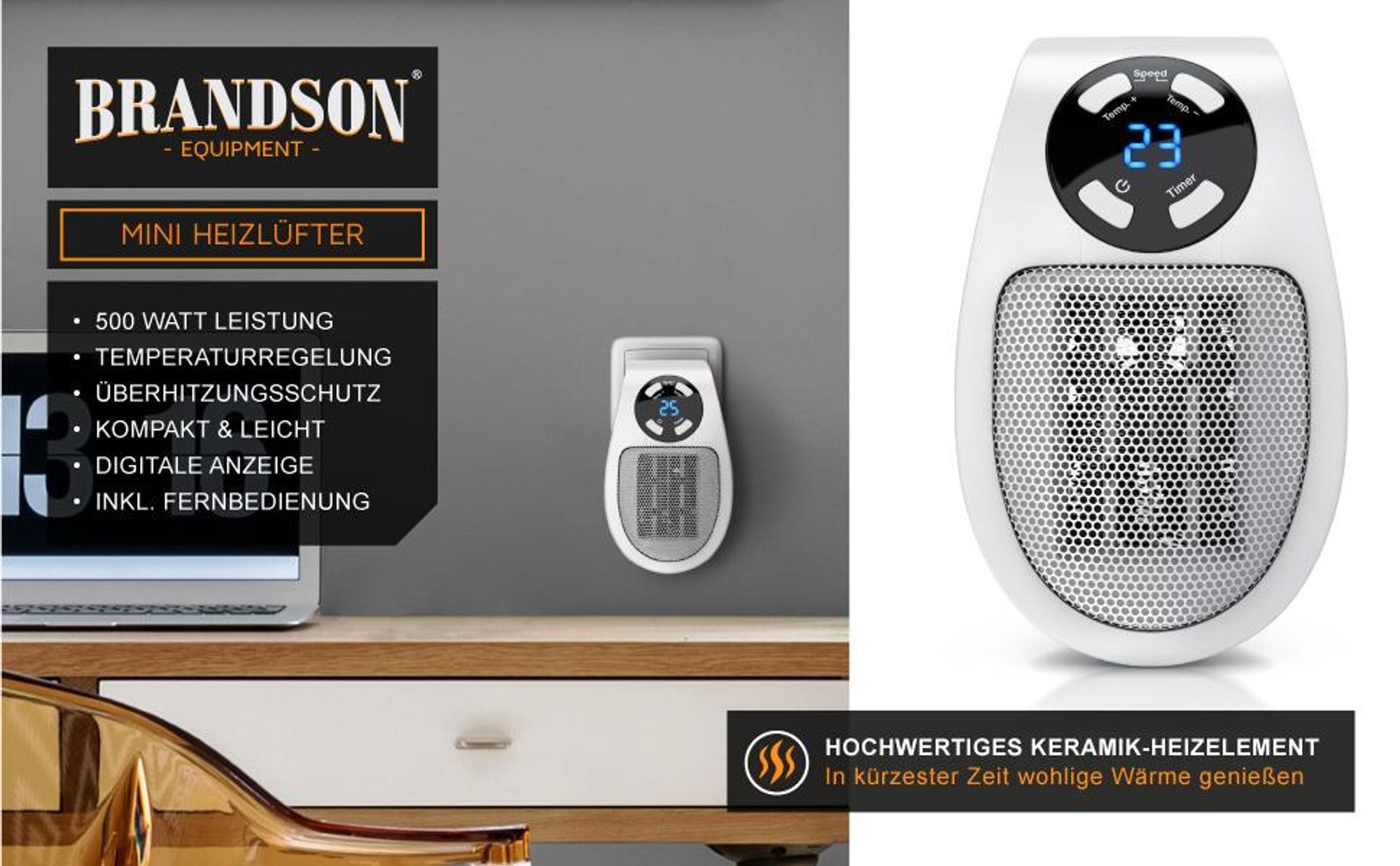 Brandson Steckdosen Heizlüfter, 500W Mini Heizung mit Temperaturregelung & Fernbedienung, Überhitzungsschutz, Automatische Abschaltung, Weiß