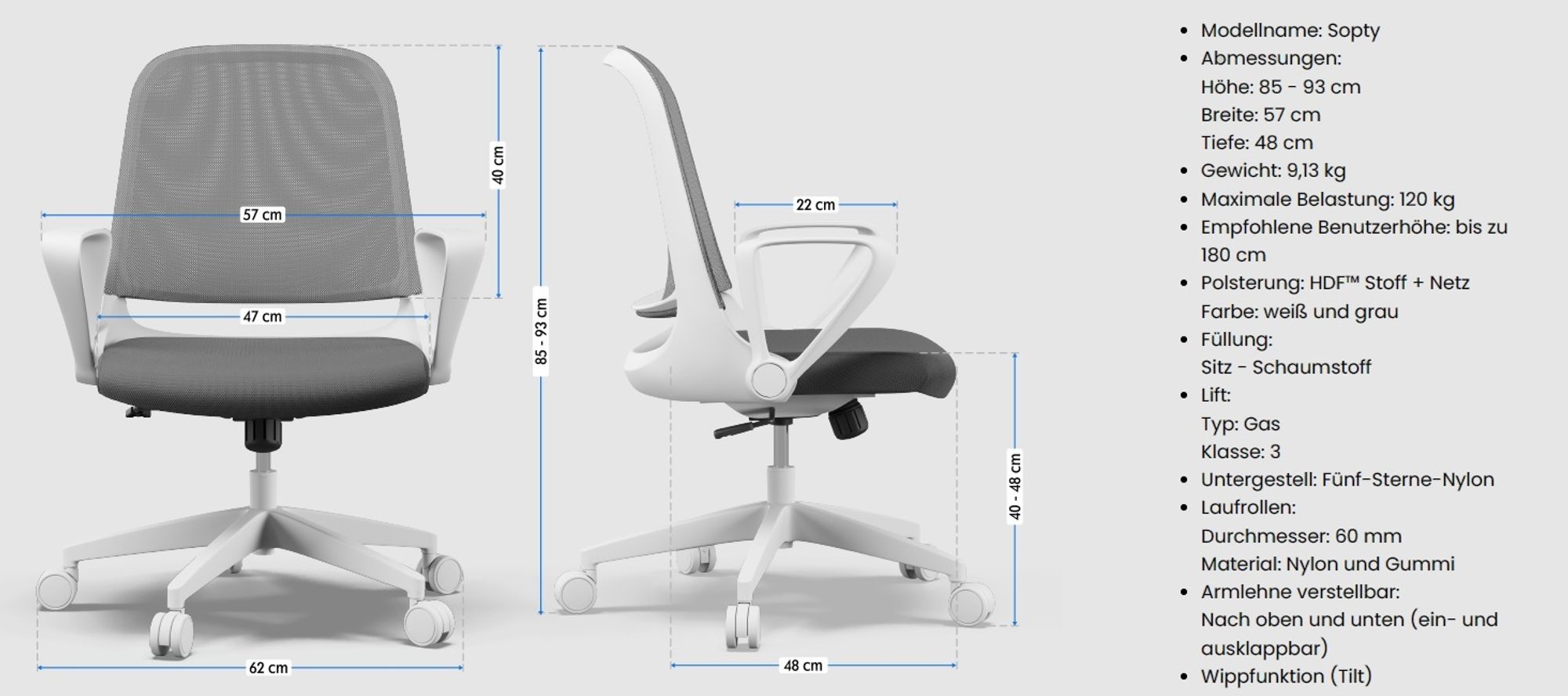 SENSE7 Sopty Ergonomischer Bürostuhl Schreibtischstuhl Weiß Klappbare Armlehnen Netzrücken Wippfunktion Homeoffice Office Chair Gummirollen 120 kg
