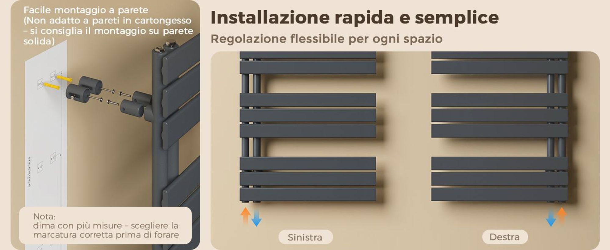 S'AFIELINA: Radiador de diseño para baño, 1041x500 mm. Radiador toallero plano, panel, conexión lateral. Color antracita. Potencia: 529 vatios