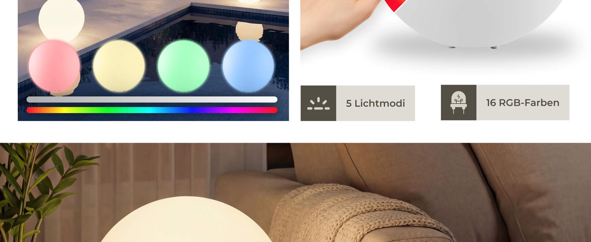 tectake® Kugelleuchte Luminous Globe mit LED-Beleuchtung, 12 W inklusive Erdspieß