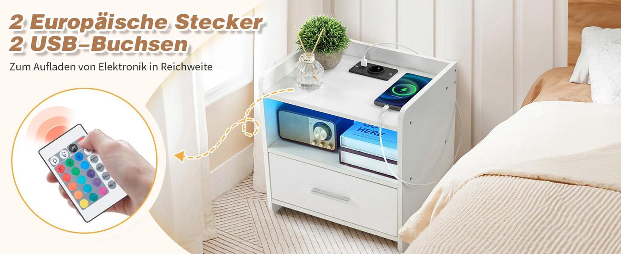 FCH Nachttisch Beistellschrank Nachtschrank mit LED-Beleuchtung,16 LED Farben mit Ladestation und USB-Anschlüssen, Weiß